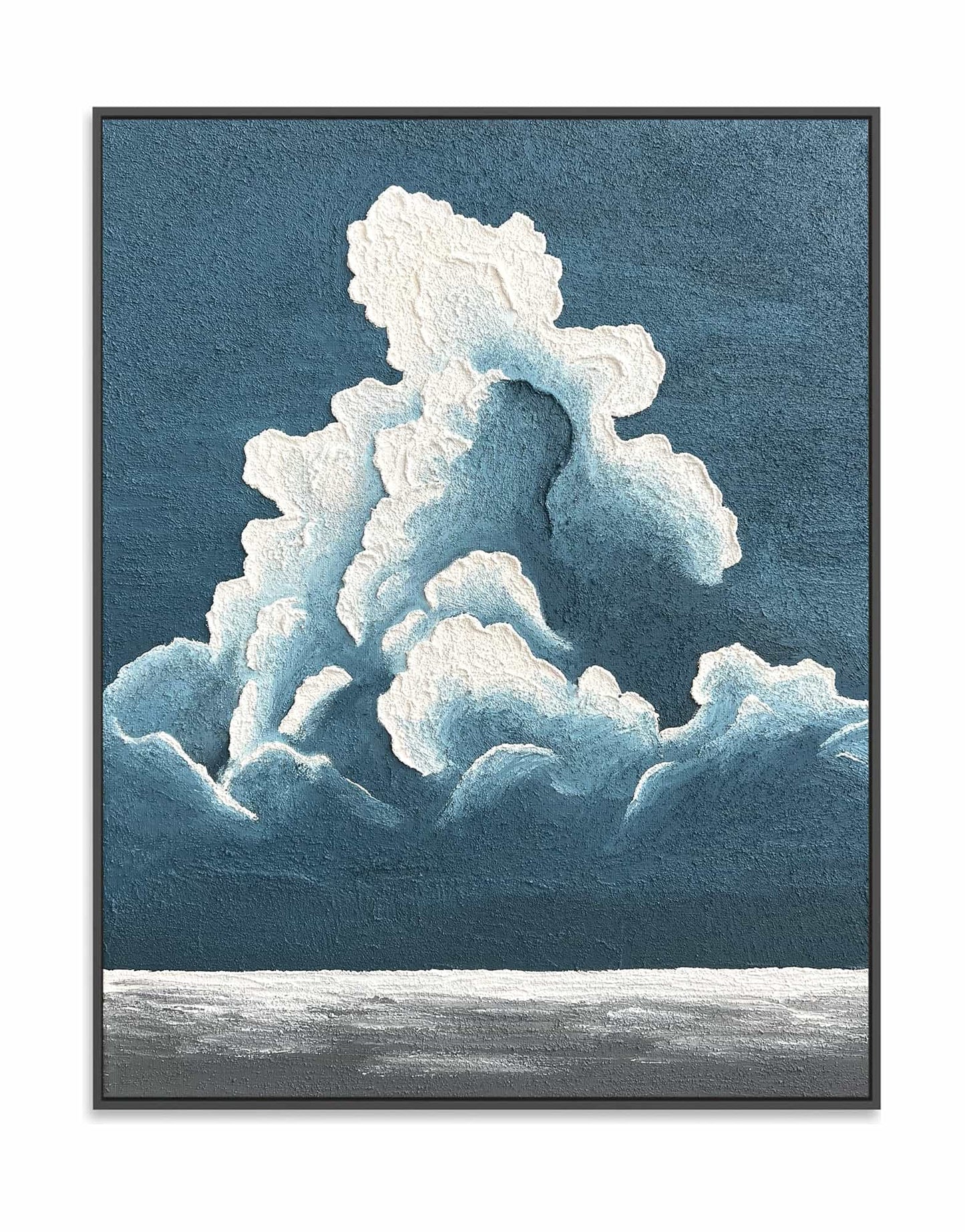 "BILLOWY CLOUDS: Hand-painted Portrait shaped abstract textured wall art painting depicting a large cloud in the sky, with a blue and white color palette, framed in a black shadow box."