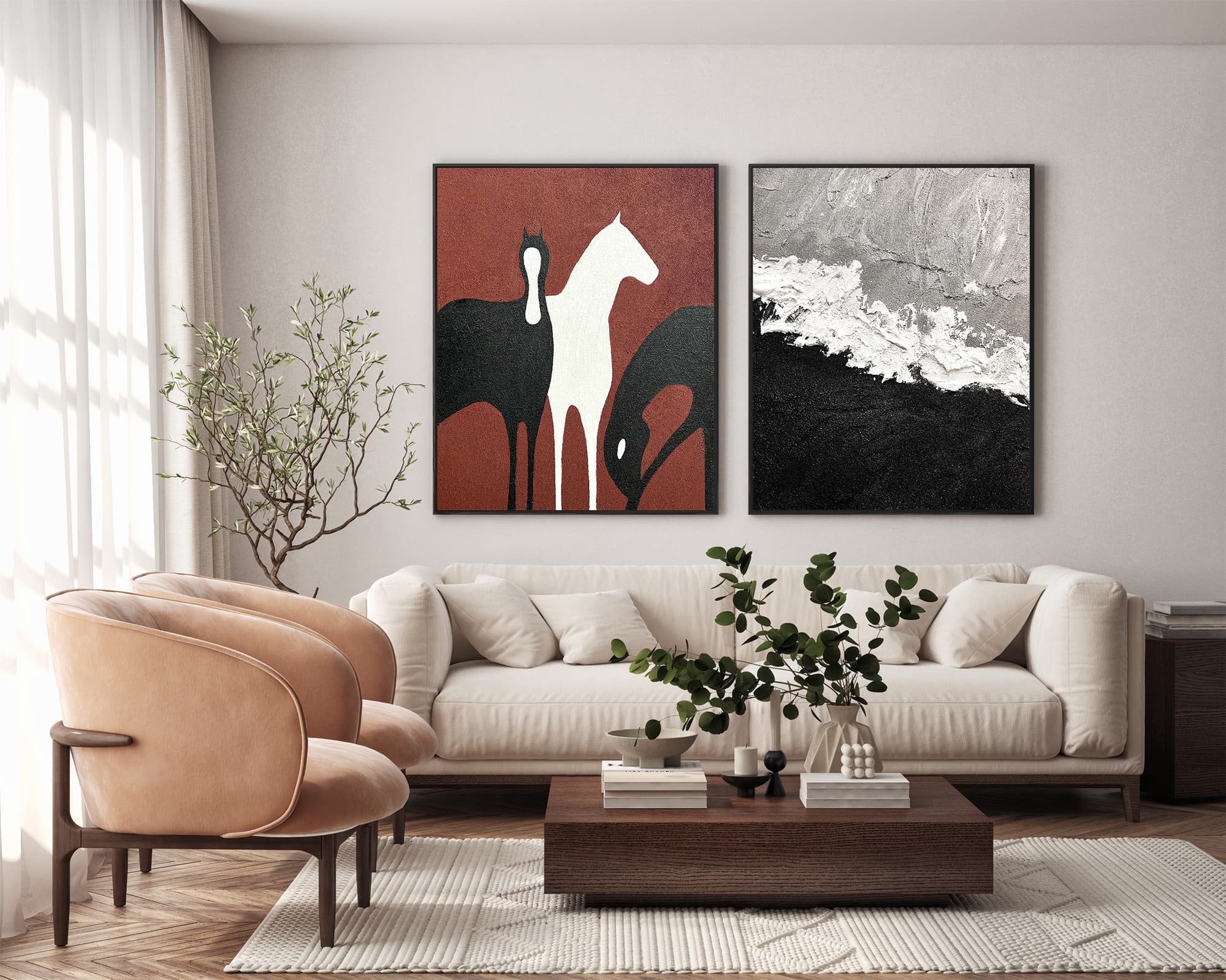 "Exquisite hand-painted, high-quality and premium Portrait shaped textured wall arts painting hanging on the living room wall."