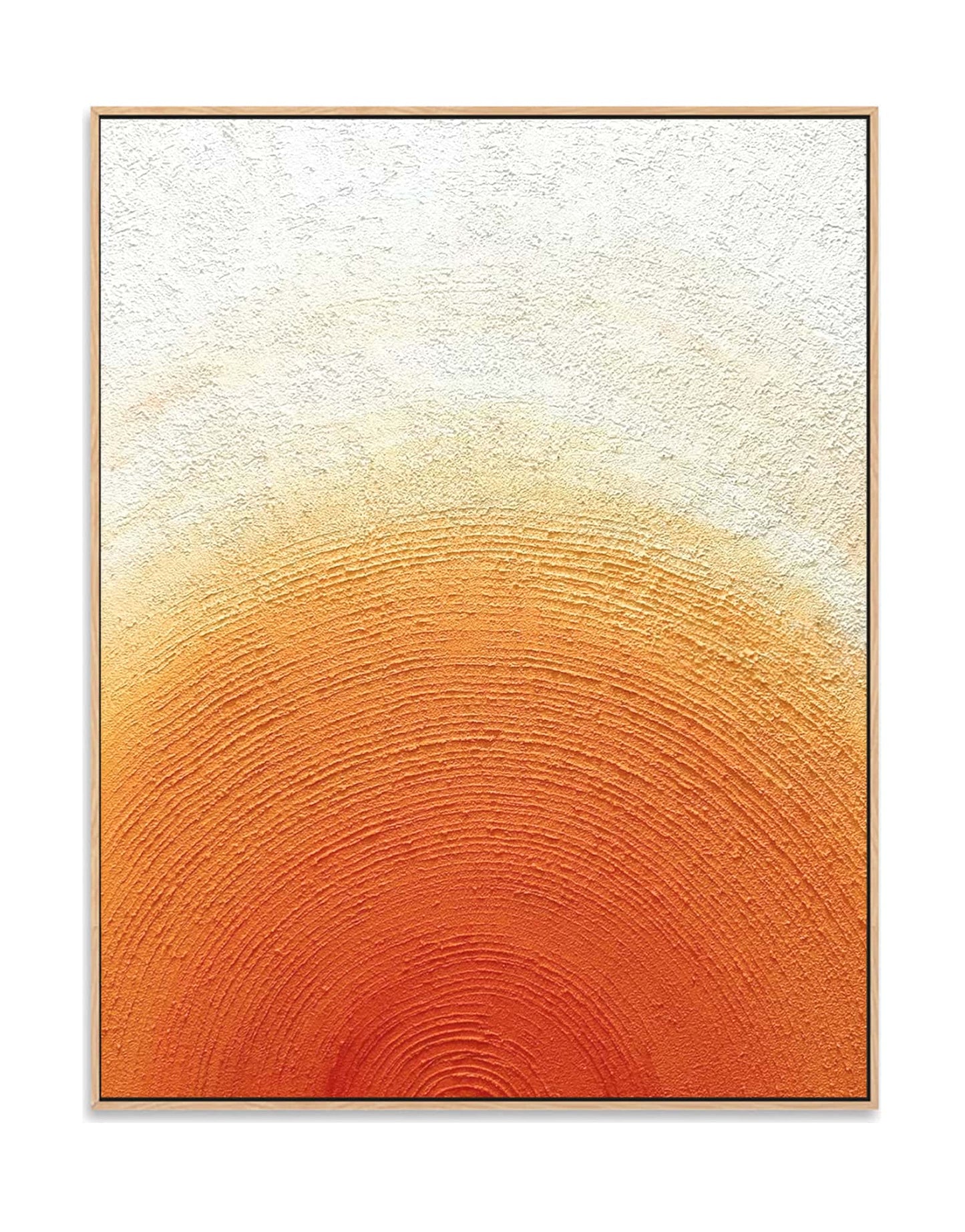 "SUNSET HALO: Hand-painted Portrait shaped abstract textured wall art painting depicting an abstract sun halo, in shades of white, orange, yellow, and gold, framed in an oak shadow box."