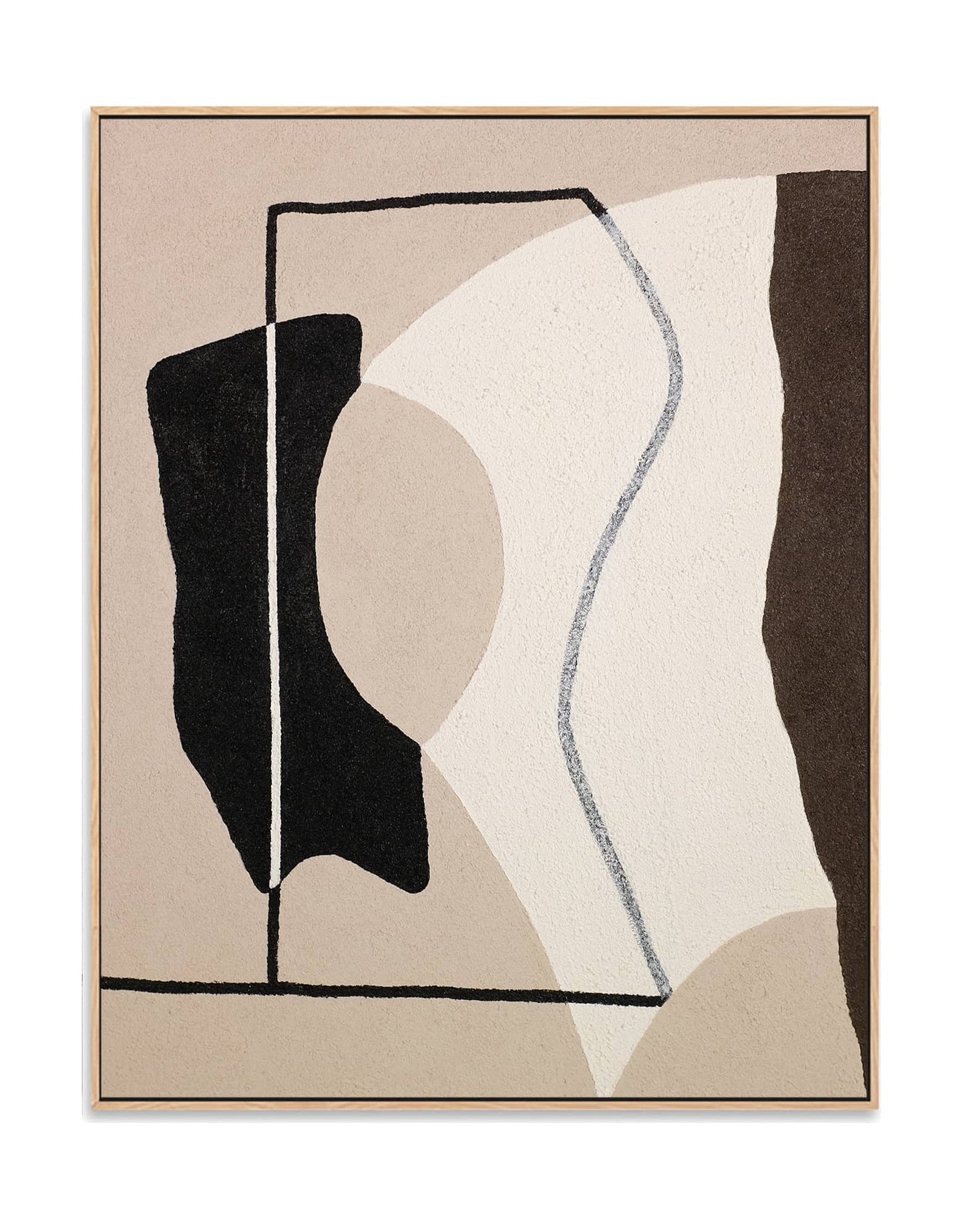 "VACANT STARE: Hand-painted Portrait shaped and Landscape shaped abstract textured wall art painting depicting an abstract hollow eye, in shades of tan, brown, cream, and white, framed in an oak shadow box."