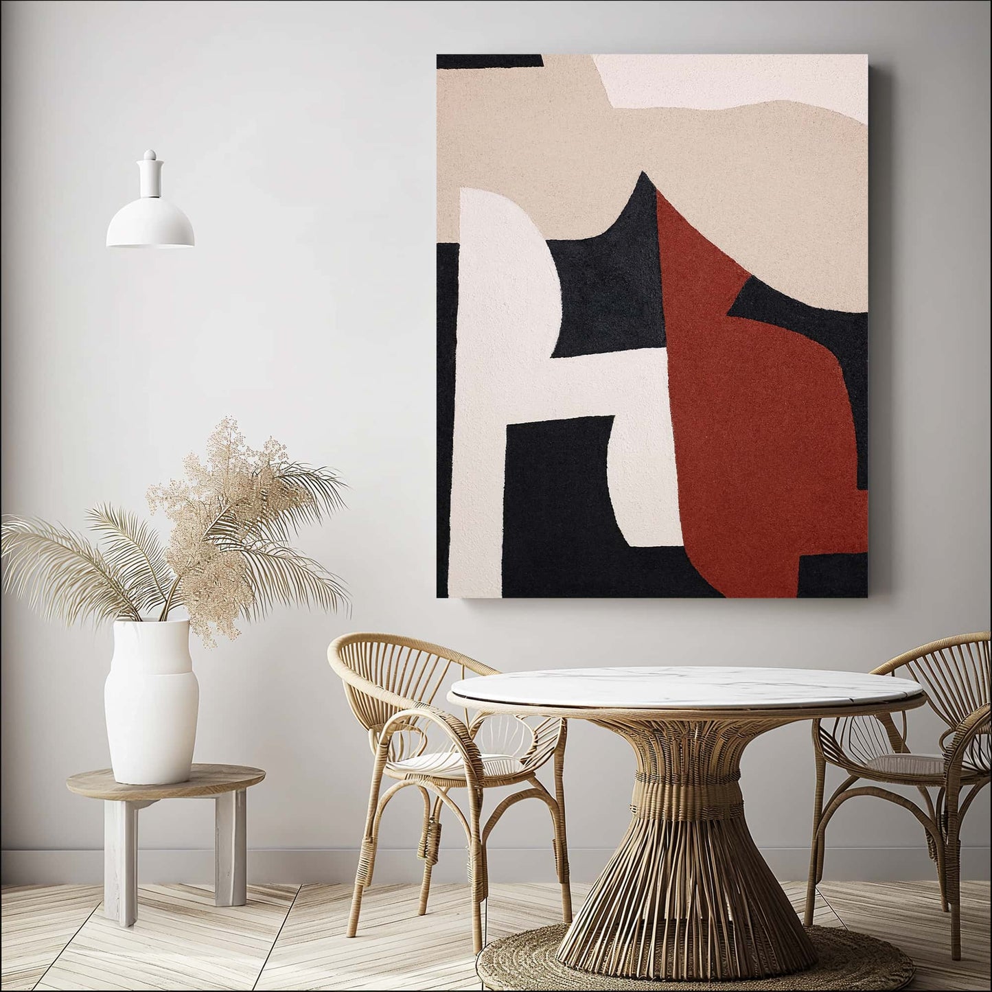 "Abstract Duet: Hand-painted Portrait shaped abstract textured painting in navy, red, white, and cream colors, hanging on the dining room wall."