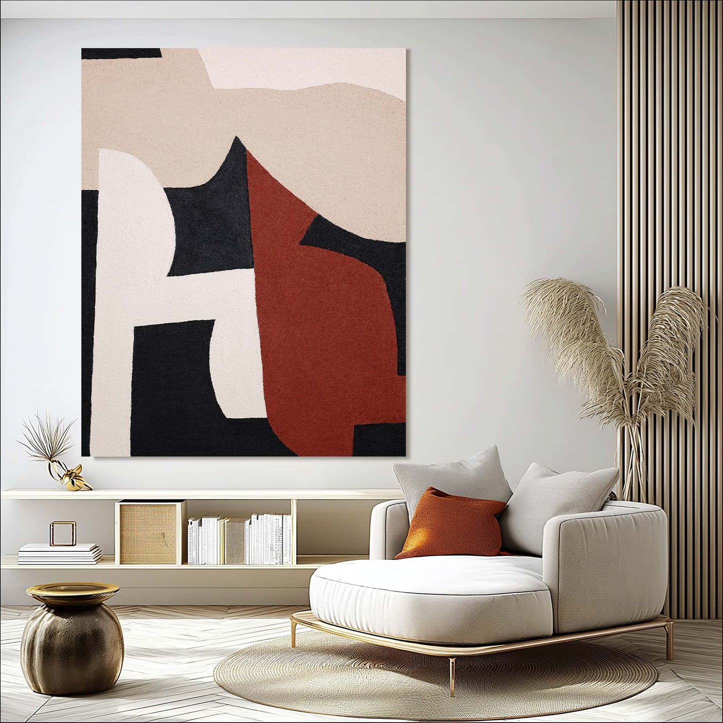 "Abstract Duet: Hand-painted Portrait shaped abstract textured painting in navy, red, white, and cream colors, hanging on the living room wall."