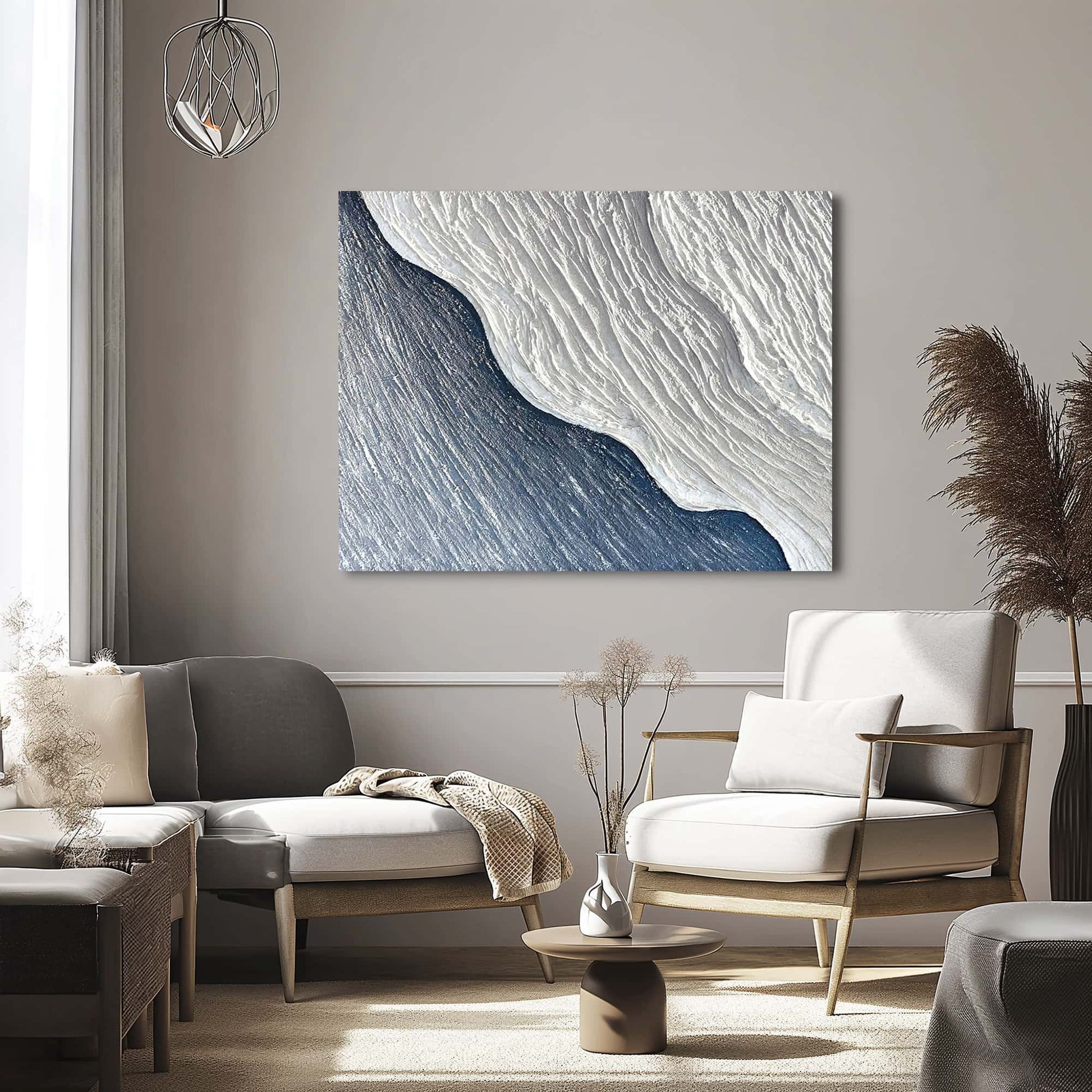"Hand-painted abstract textured wall art titled 'ANTARCTIC COAST.' This versatile artwork, suitable for both portrait and landscape orientations, depicts an abstract representation of the Antarctic coast with a colour palette dominated by navy and white, hanging in the living room."