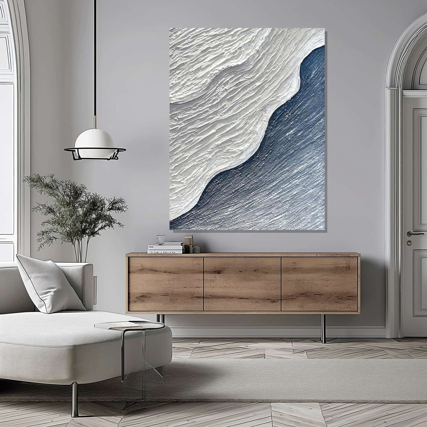 "Hand-painted abstract textured wall art titled 'ANTARCTIC COAST.' This versatile artwork, suitable for both portrait and landscape orientations, depicts an abstract representation of the Antarctic coast with a colour palette dominated by navy and white, hanging in the lounge."