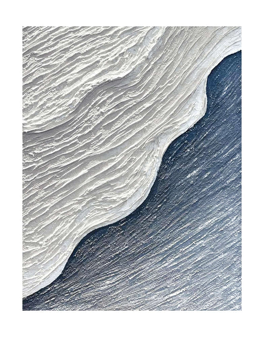 "Hand-painted abstract textured wall art with a three-dimensional and linear design, titled 'ANTARCTIC COAST.' This versatile artwork, suitable for both portrait and landscape orientations, depicts an abstract representation of the Antarctic coast with a color palette dominated by navy and white."