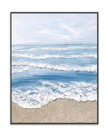 "Hand-painted, textured wall art depicting the horizon at the edge of the sea. Titled 'AQUA HORIZONS,' this portrait-shaped artwork features a colour palette of blue, cream, and white, framed in black shadow box frame."