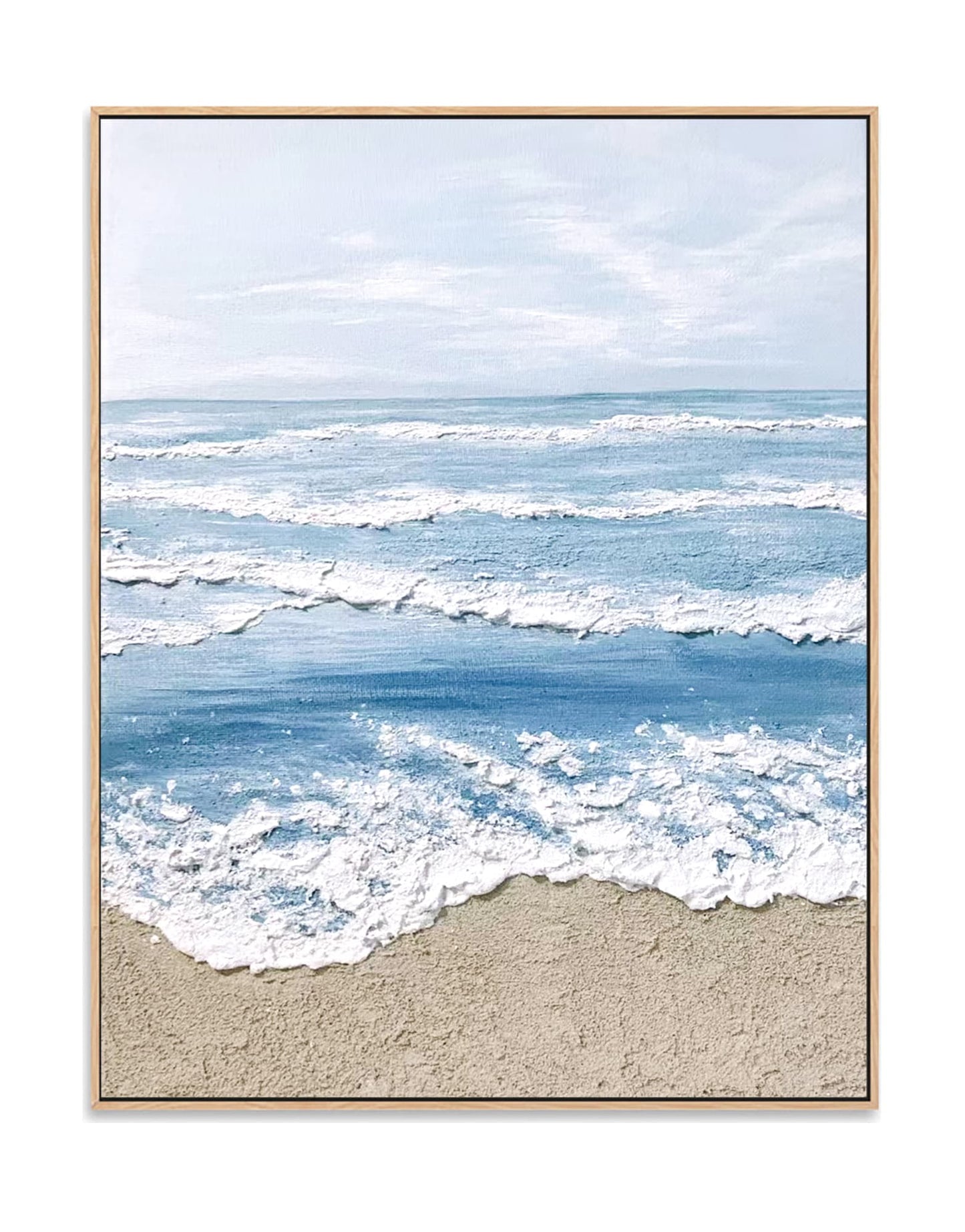 "Hand-painted, textured wall art depicting the horizon at the edge of the sea. Titled 'AQUA HORIZONS,' this portrait-shaped artwork features a colour palette of blue, cream, and white, framed in oak shadow box frame."