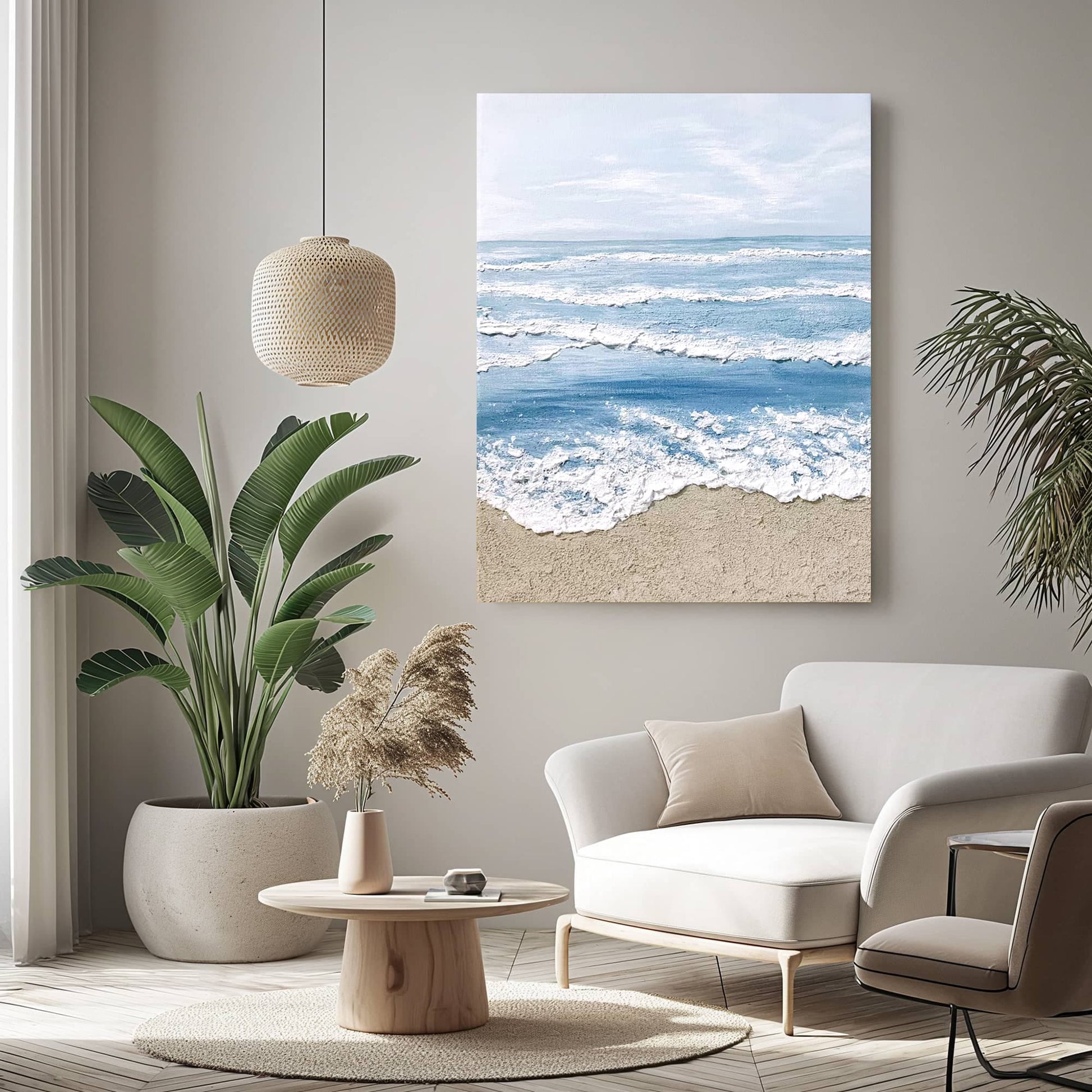 "Hand-painted, frameless textured wall art depicting the horizon at the edge of the sea. Titled 'AQUA HORIZONS,' this portrait-shaped artwork features a colour palette of blue, cream, and white, hanging in the lounge."