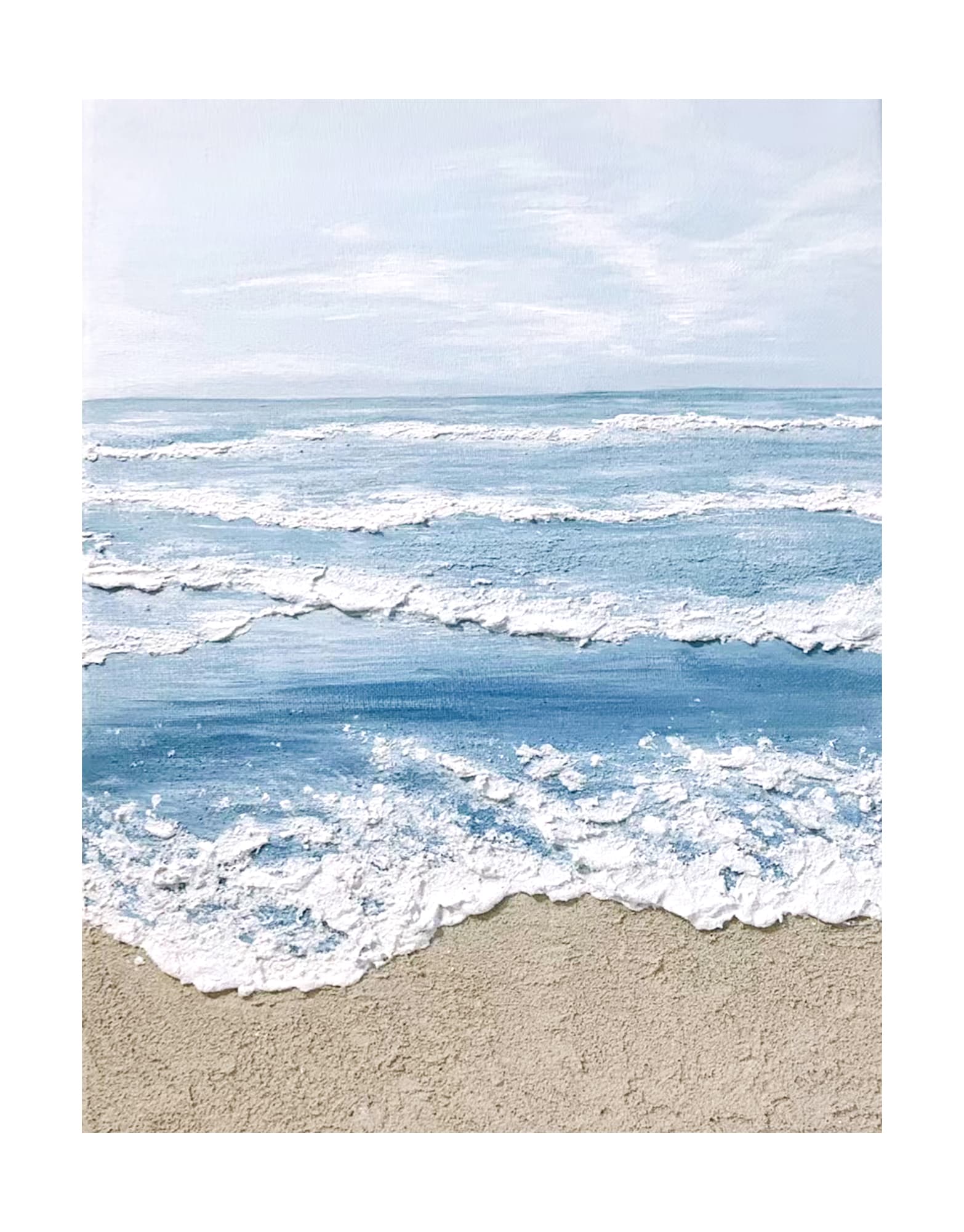 "Hand-painted, frameless textured wall art depicting the horizon at the edge of the sea. Titled 'AQUA HORIZONS,' this portrait-shaped artwork features a colour palette of blue, cream, and white."