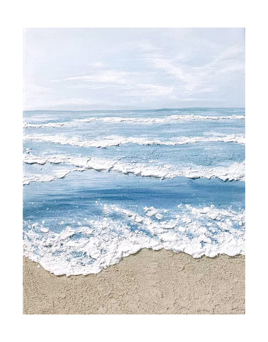 "Hand-painted, frameless textured wall art depicting the horizon at the edge of the sea. Titled 'AQUA HORIZONS,' this portrait-shaped artwork features a colour palette of blue, cream, and white."