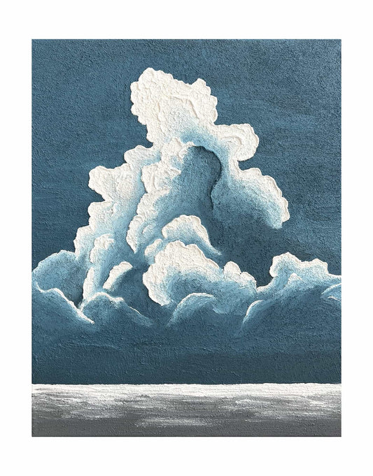 "BILLOWY CLOUDS: Hand-painted Portrait shaped textured wall art painting depicting a large cloud in the sky, with a blue and white color palette."