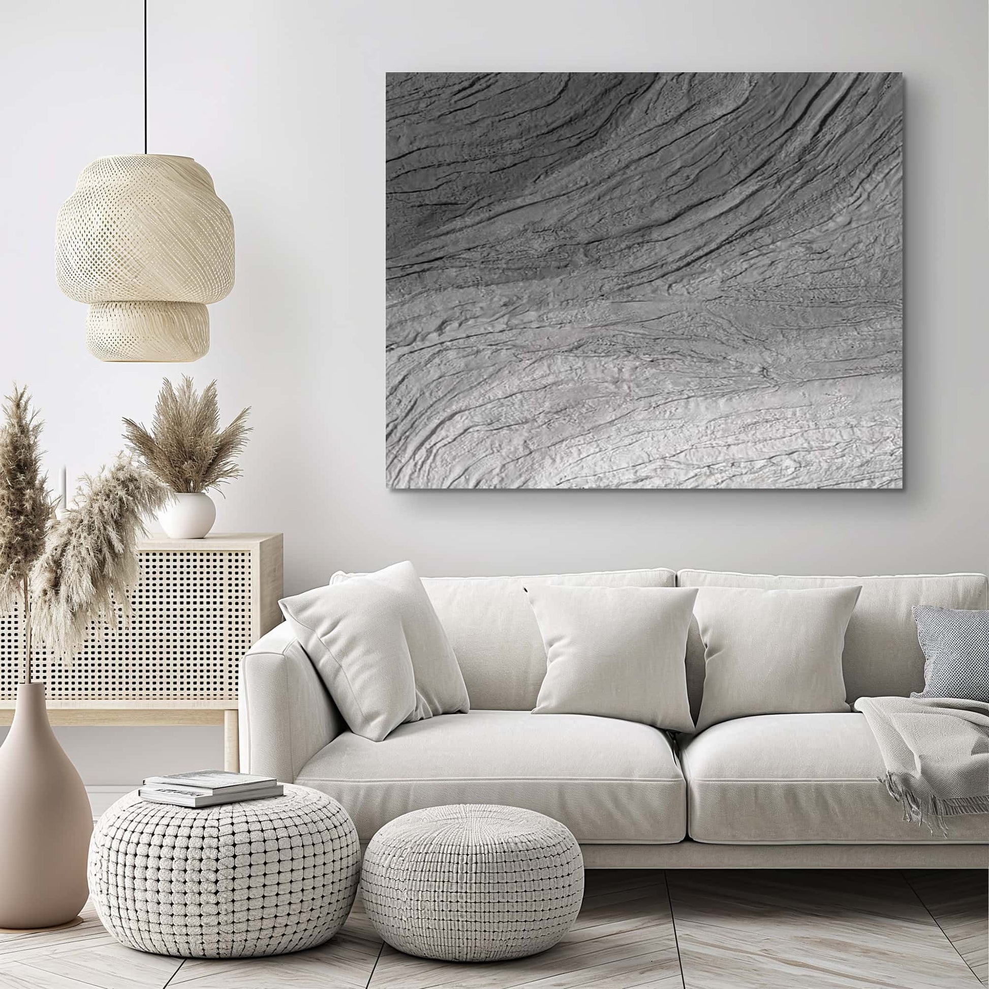 "Hand-painted, abstract textured wall art with a three-dimensional and linear design. Titled 'BLACK ICEBURG,' this artwork can be hung in landscape orientation, featuring a colour palette of black, grey, and white, hanging in the living room."