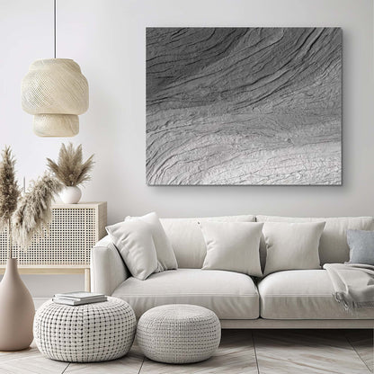 "Hand-painted, abstract textured wall art with a three-dimensional and linear design. Titled 'BLACK ICEBURG,' this artwork can be hung in landscape orientation, featuring a colour palette of black, grey, and white, hanging in the living room."