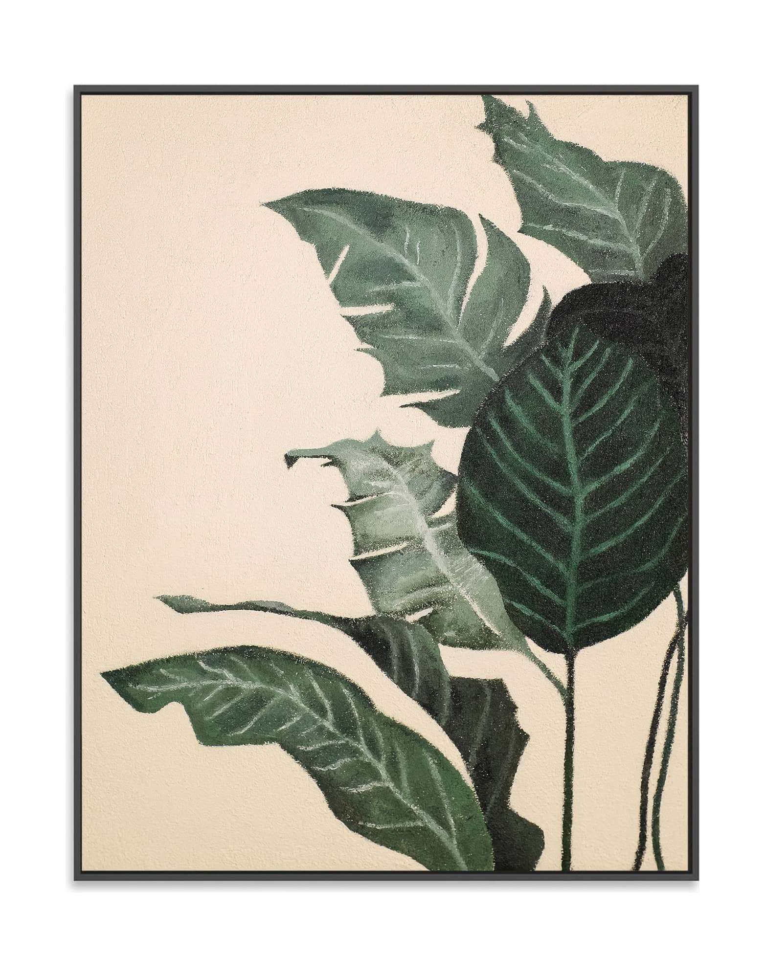 "BIRD OF PARADISE: Hand-painted Portrait shaped textured wall art painting featuring the Bird of Paradise plant in shades of green, cream, tan, and olive green, framed in a black shadow box."