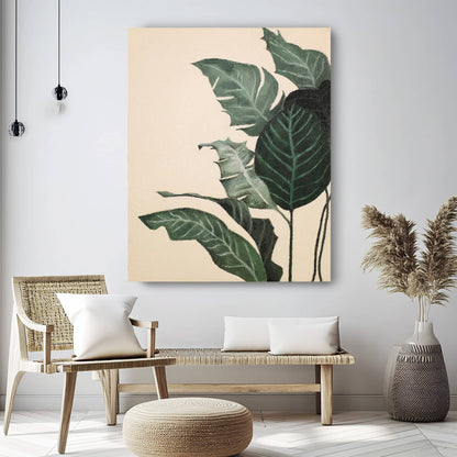 "BIRD OF PARADISE: Hand-painted Portrait shaped textured wall art painting featuring the Bird of Paradise plant in shades of green, cream, tan, and olive green, hanging in the lounge."