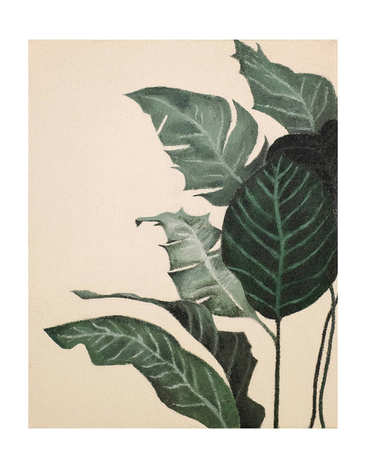 "BIRD OF PARADISE: Hand-painted Portrait shaped textured wall art painting featuring the Bird of Paradise plant, with a color palette of green, cream, tan, and olive green."