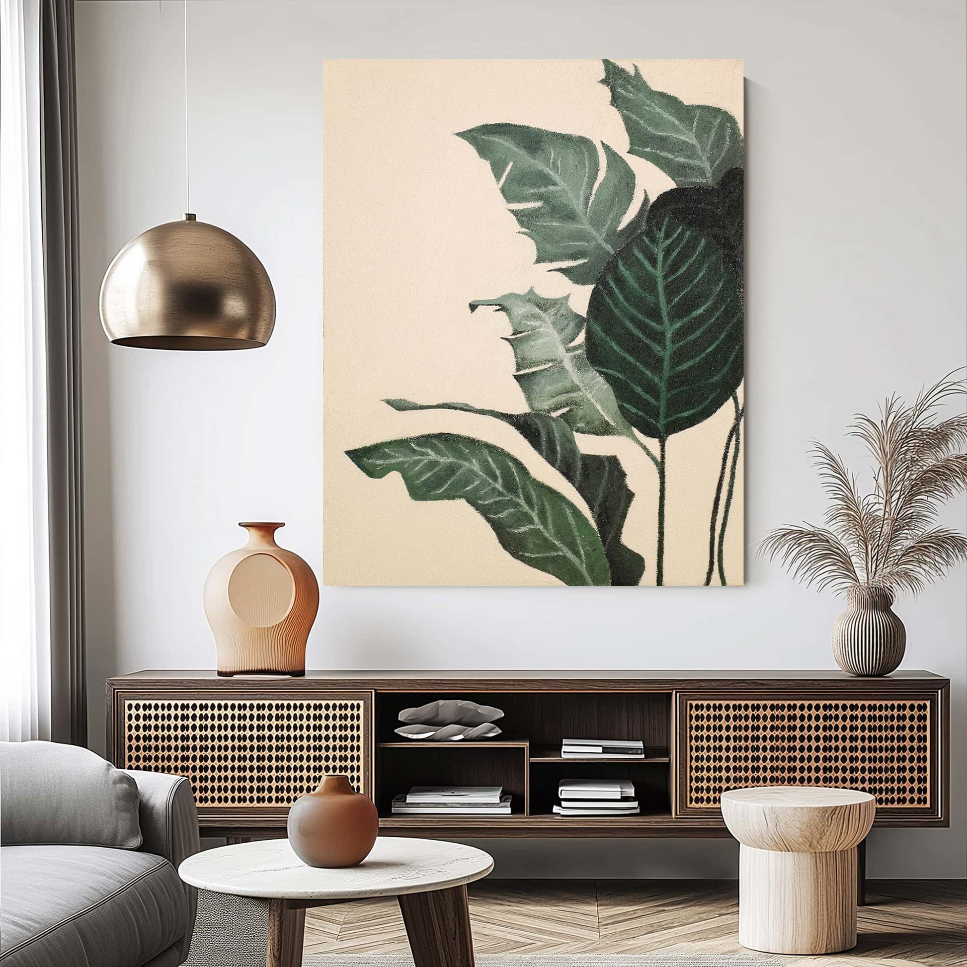 "BIRD OF PARADISE: Hand-painted Portrait shaped textured wall art painting featuring the Bird of Paradise plant in shades of green, cream, tan, and olive green, hanging in the living room."