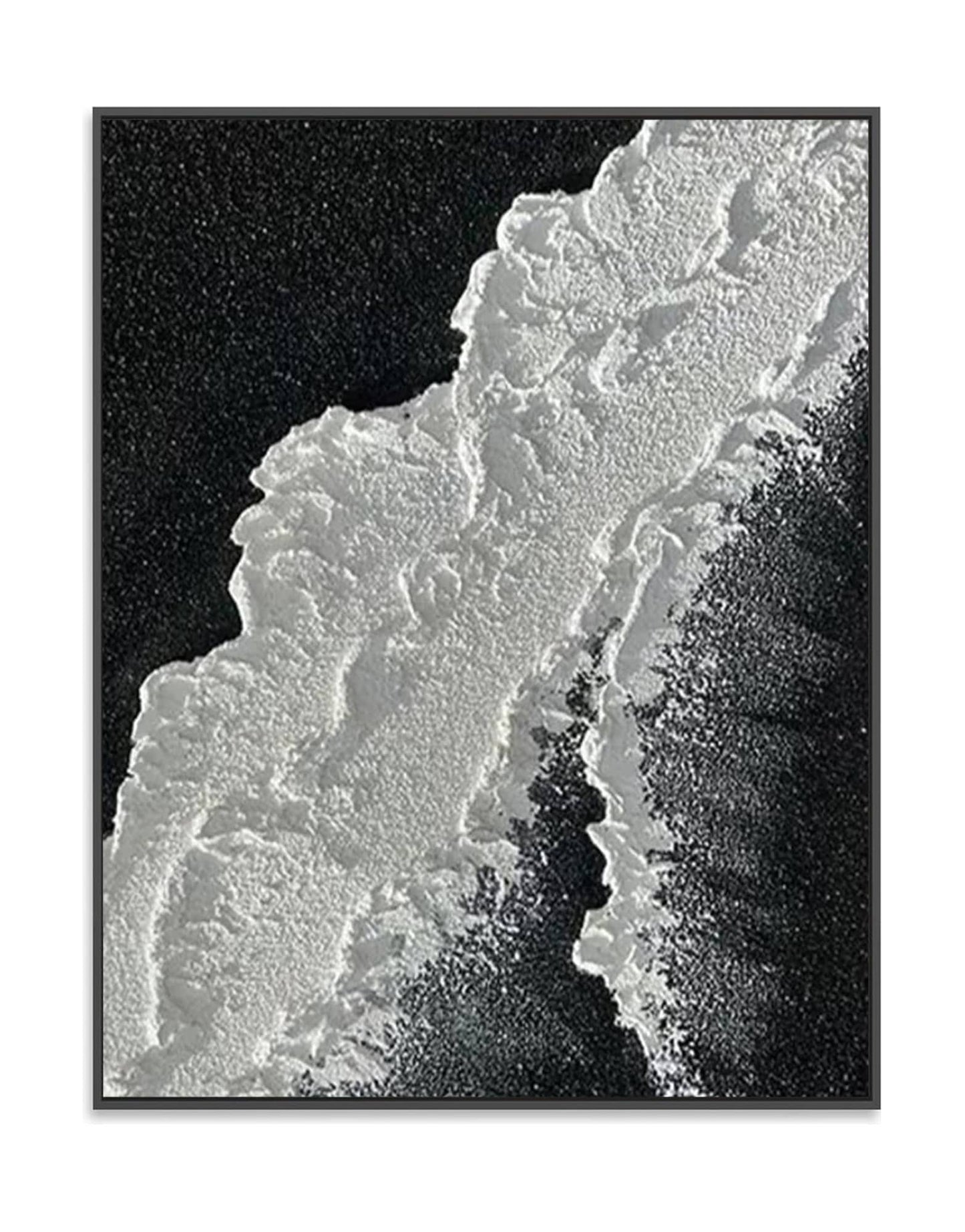 "BLACK BEACH, STYLE A: Hand-painted Portrait shaped and Landscape shaped textured wall art painting featuring a black beach with crashing waves, framed in a black shadow box, in shades of black, white, and grey."