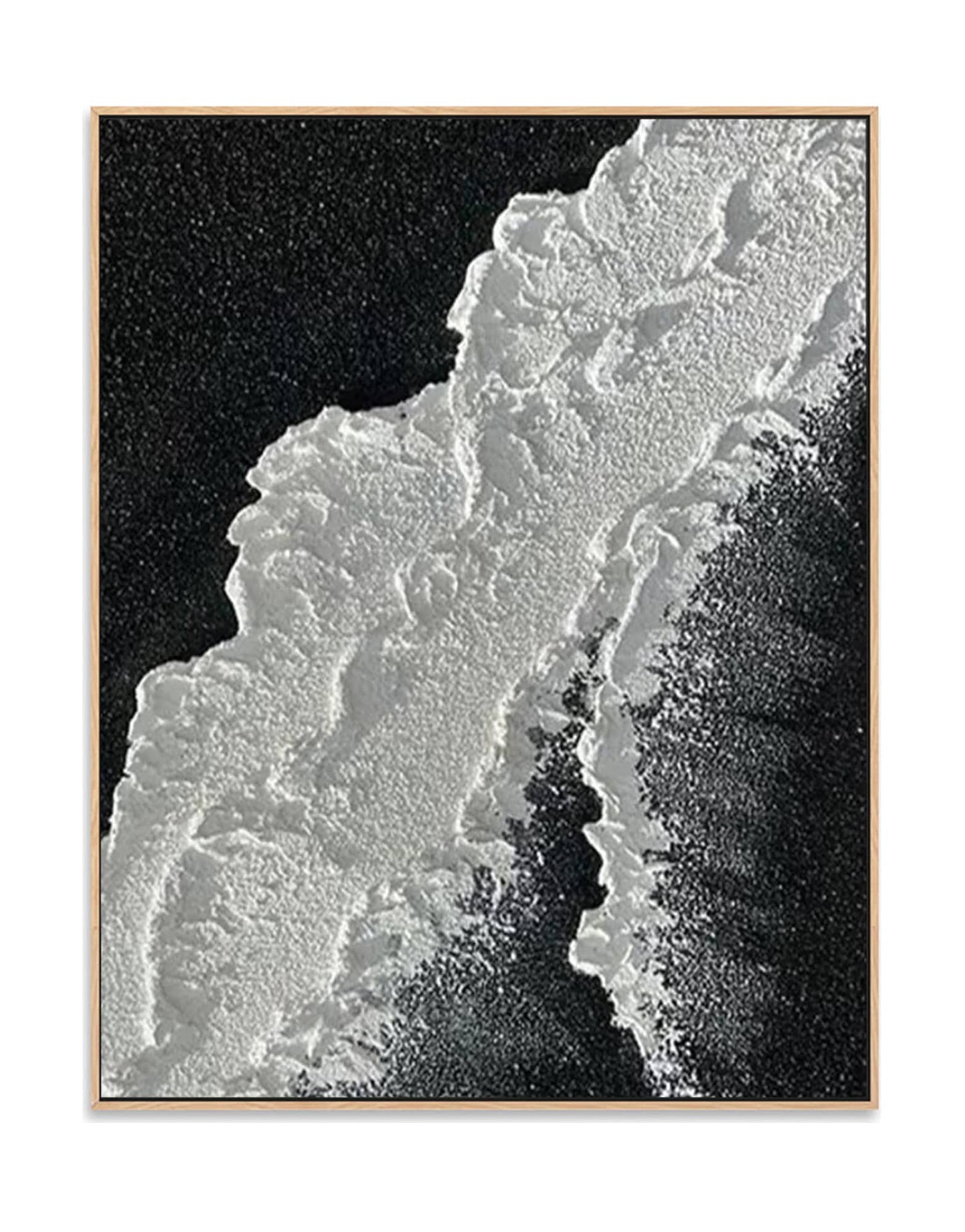 "BLACK BEACH, STYLE A: Hand-painted Portrait shaped and Landscape shaped textured wall art painting featuring a black beach with crashing waves, framed in an oak shadow box, in shades of black, white, and grey."