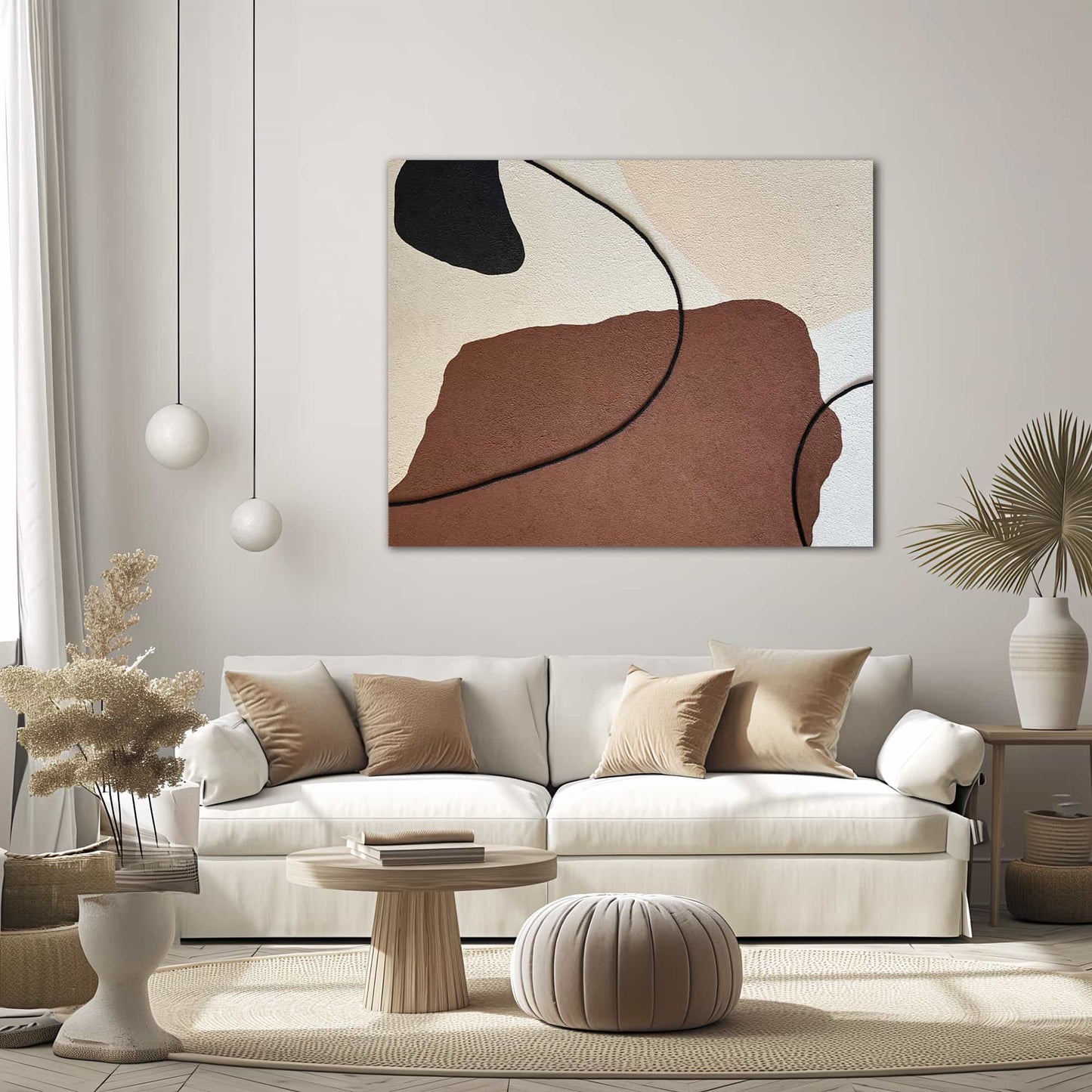 "Hand-painted, abstract textured wall art titled 'CELLULAR BALLET, STYLE C.' This versatile artwork can be hung in landscape orientation, featuring a color palette of brown, black, cream, and white, hanging in the living room."