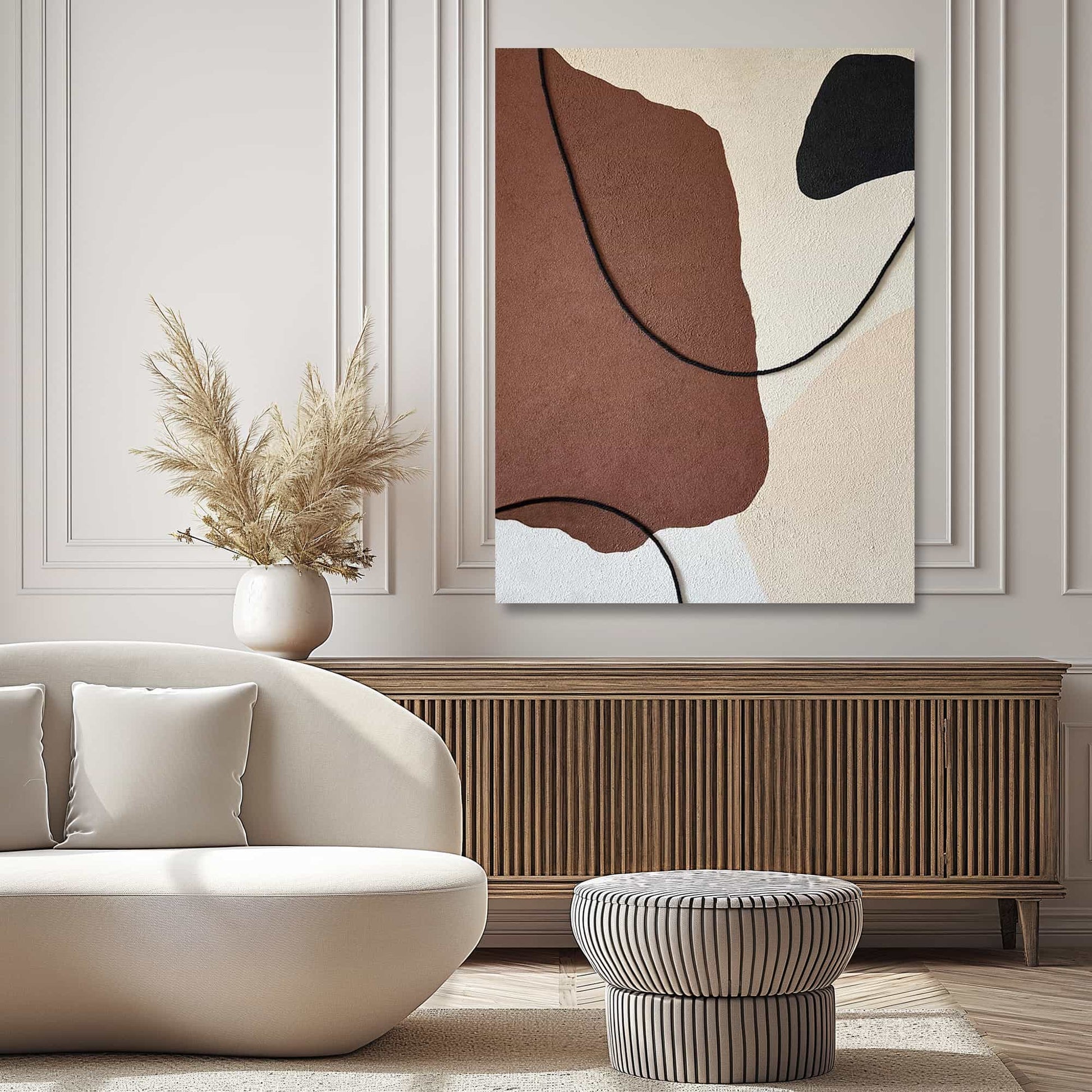 "Hand-painted, abstract textured wall art titled 'CELLULAR BALLET, STYLE C.' This versatile artwork can be hung in portrait orientation, featuring a color palette of brown, black, cream, and white, hanging in the lounge."