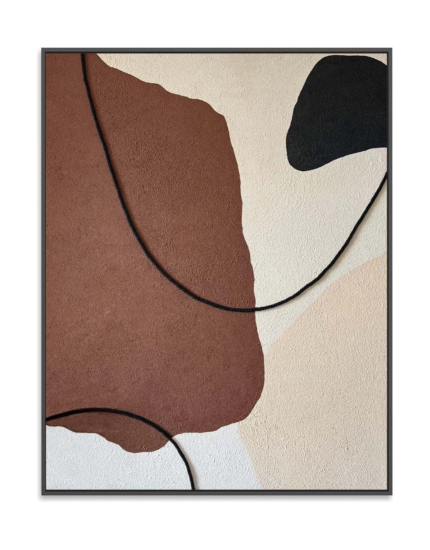 "Hand-painted, abstract textured wall art titled 'CELLULAR BALLET, STYLE C.' This versatile artwork can be hung in both portrait and landscape orientations, featuring a color palette of brown, black, cream, and white, framed in black shadow box frame."