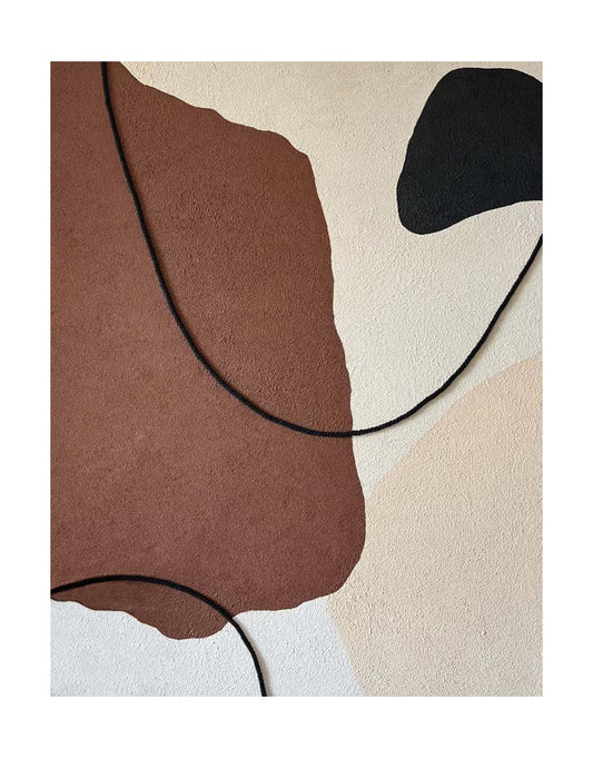"Hand-painted, frameless abstract textured wall art titled 'CELLULAR BALLET, STYLE C.' This versatile artwork can be hung in both portrait and landscape orientations, featuring a color palette of brown, black, cream, and white."