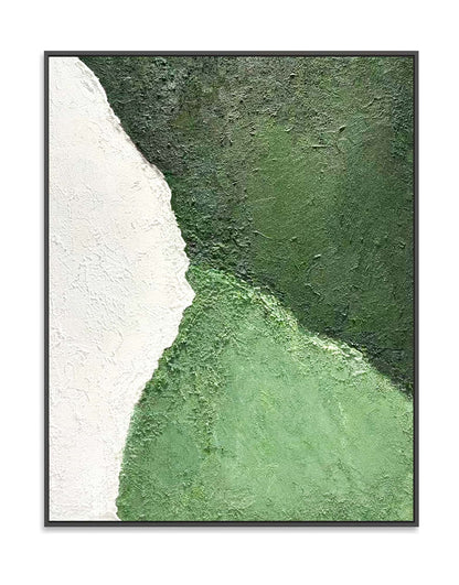 "Hand-painted abstract textured wall art named 'Clash of Chroma.' The artwork features three distinct zones of color: white, deep green, and light green. The irregular intersections create a sense of collision. Framed in a black shadow box frame."