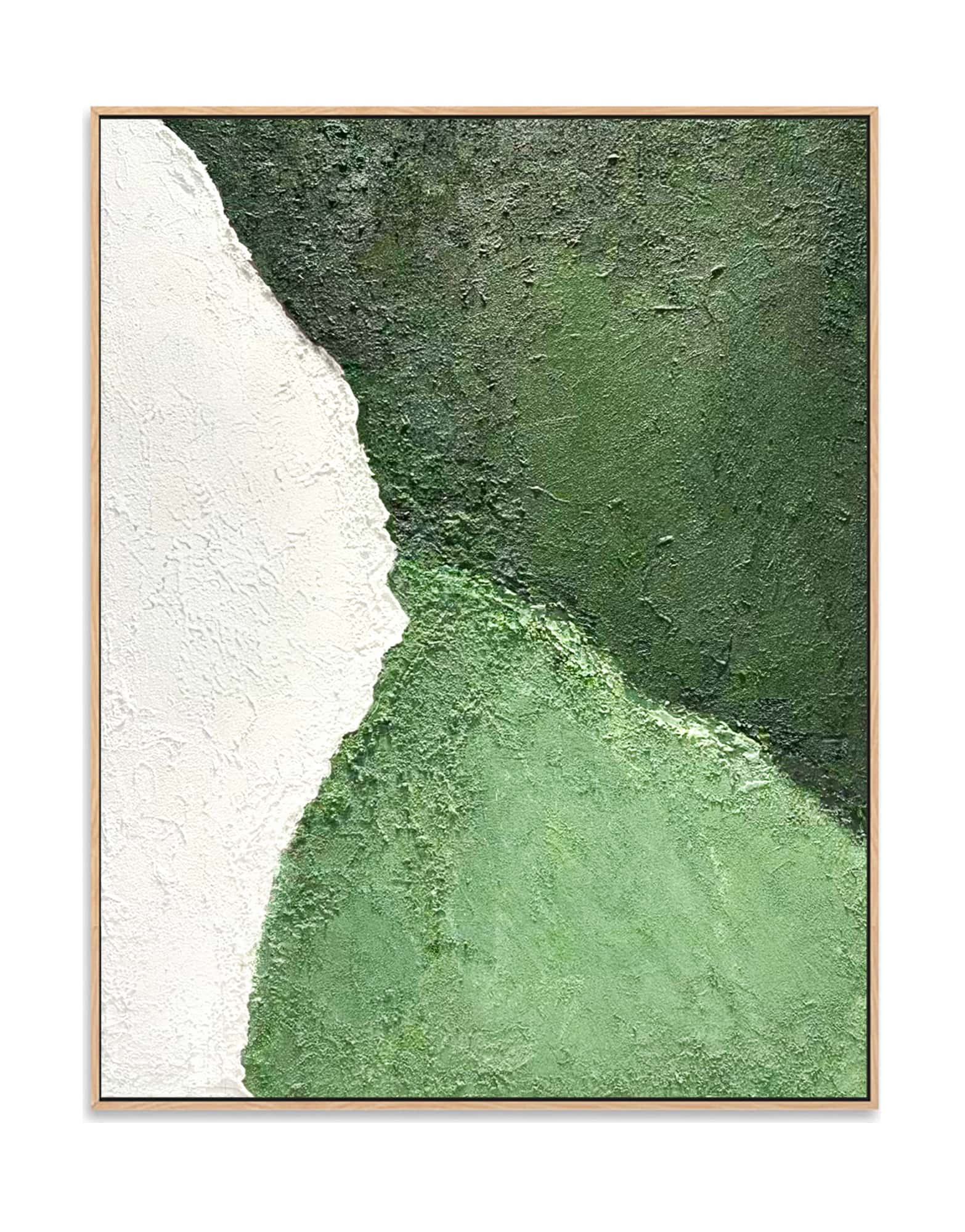 "Hand-painted abstract textured wall art named 'Clash of Chroma.' The artwork features three distinct zones of color: white, deep green, and light green. The irregular intersections create a sense of collision. Framed in a oak shadow box frame."