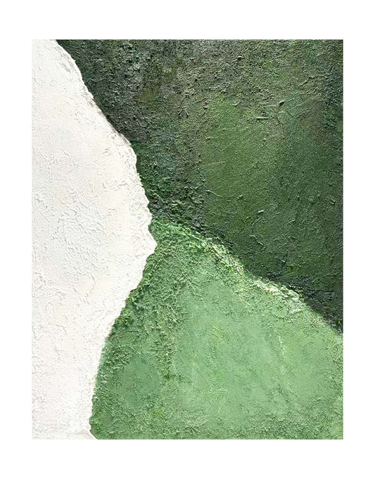 "Frameless hand-painted abstract textured wall art named 'Clash of Chroma.' The artwork features three distinct zones of color: white, deep green, and light green. The irregular intersections create a sense of collision."