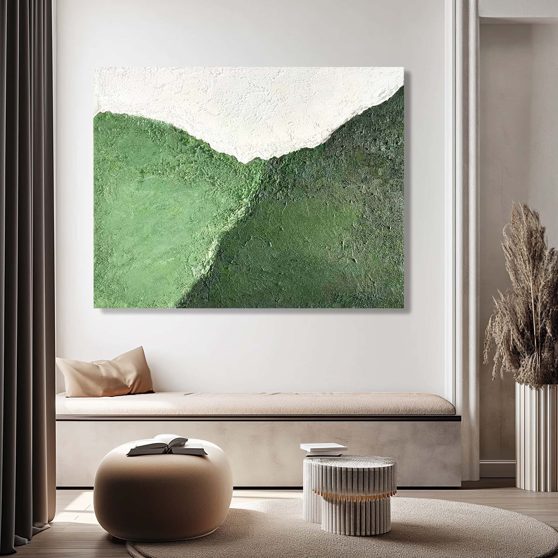 "Hand-painted Landscape shaped abstract textured wall art named 'Clash of Chroma.' The artwork features three distinct zones of color: white, deep green, and light green. The irregular intersections create a sense of collision. Hanging in hallway."