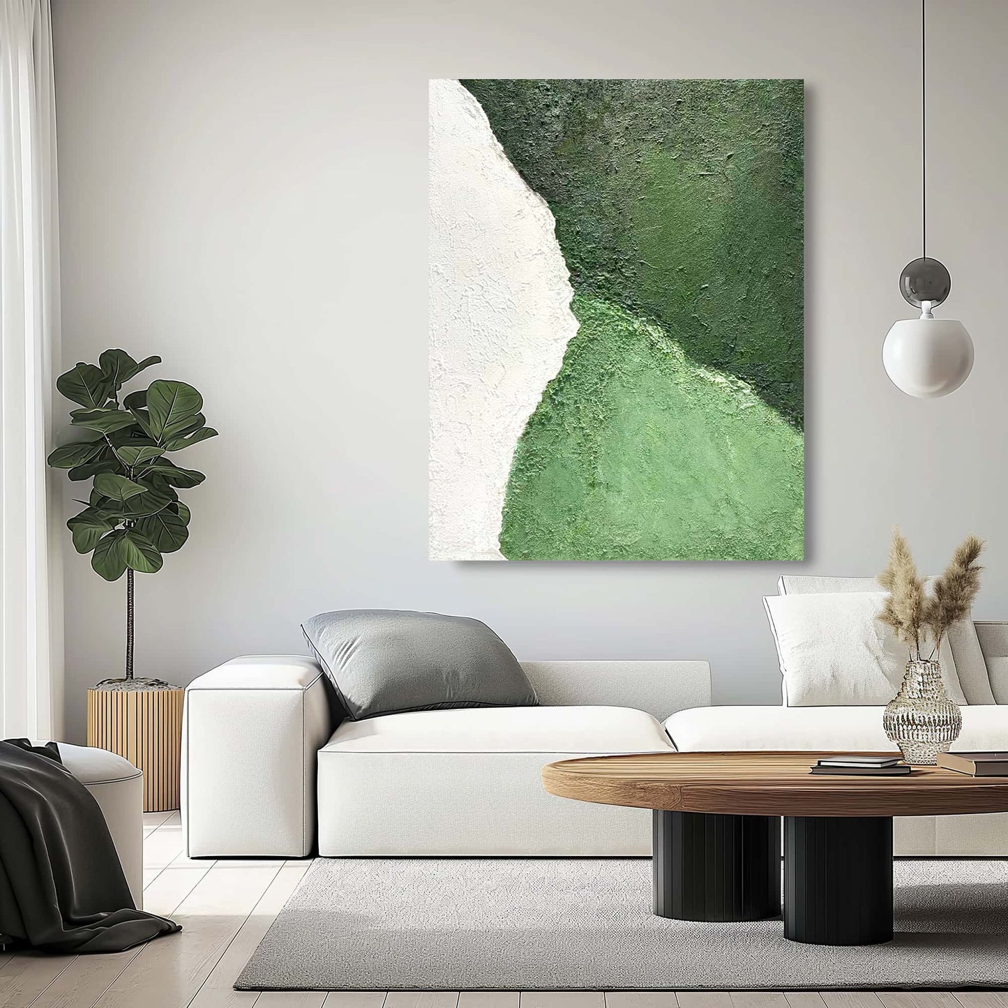 "Hand-painted Portrait shaped abstract textured wall art named 'Clash of Chroma.' The artwork features three distinct zones of color: white, deep green, and light green. The irregular intersections create a sense of collision. Hanging in living room."