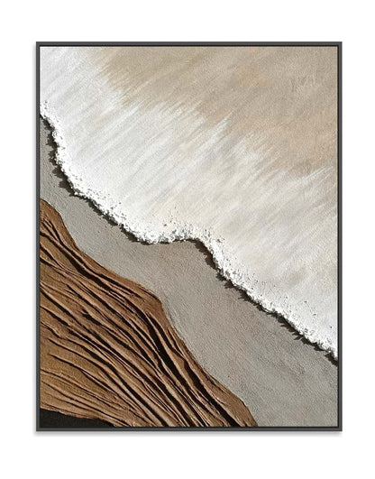 "Hand-painted abstract textured wall art named 'Dusk Mirage' featuring a blend of brown, gray, black, sand, and white colors. Evoking a coastal and desert edge with the sensation of sea washing onto the beach. Framed in a black shadow box frame."