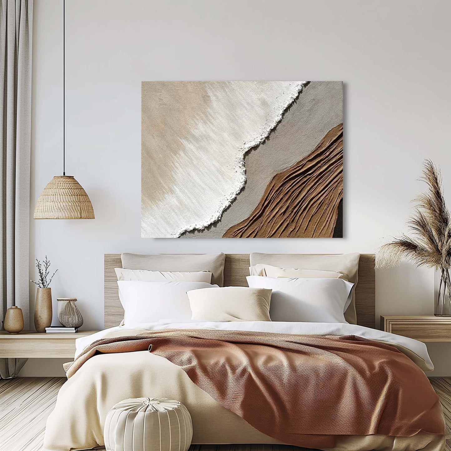 "Hand-painted Landscape shaped abstract textured wall art named 'Dusk Mirage' featuring a blend of brown, gray, black, sand, and white colors. Evoking a coastal and desert edge with the sensation of sea washing onto the beach, hanging in the bedroom."