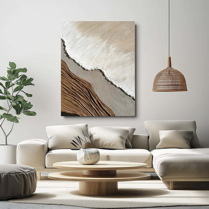 "Hand-painted Portrait shaped abstract textured wall art named 'Dusk Mirage' featuring a blend of brown, gray, black, sand, and white colors. Evoking a coastal and desert edge with the sensation of sea washing onto the beach, hanging in the living room."