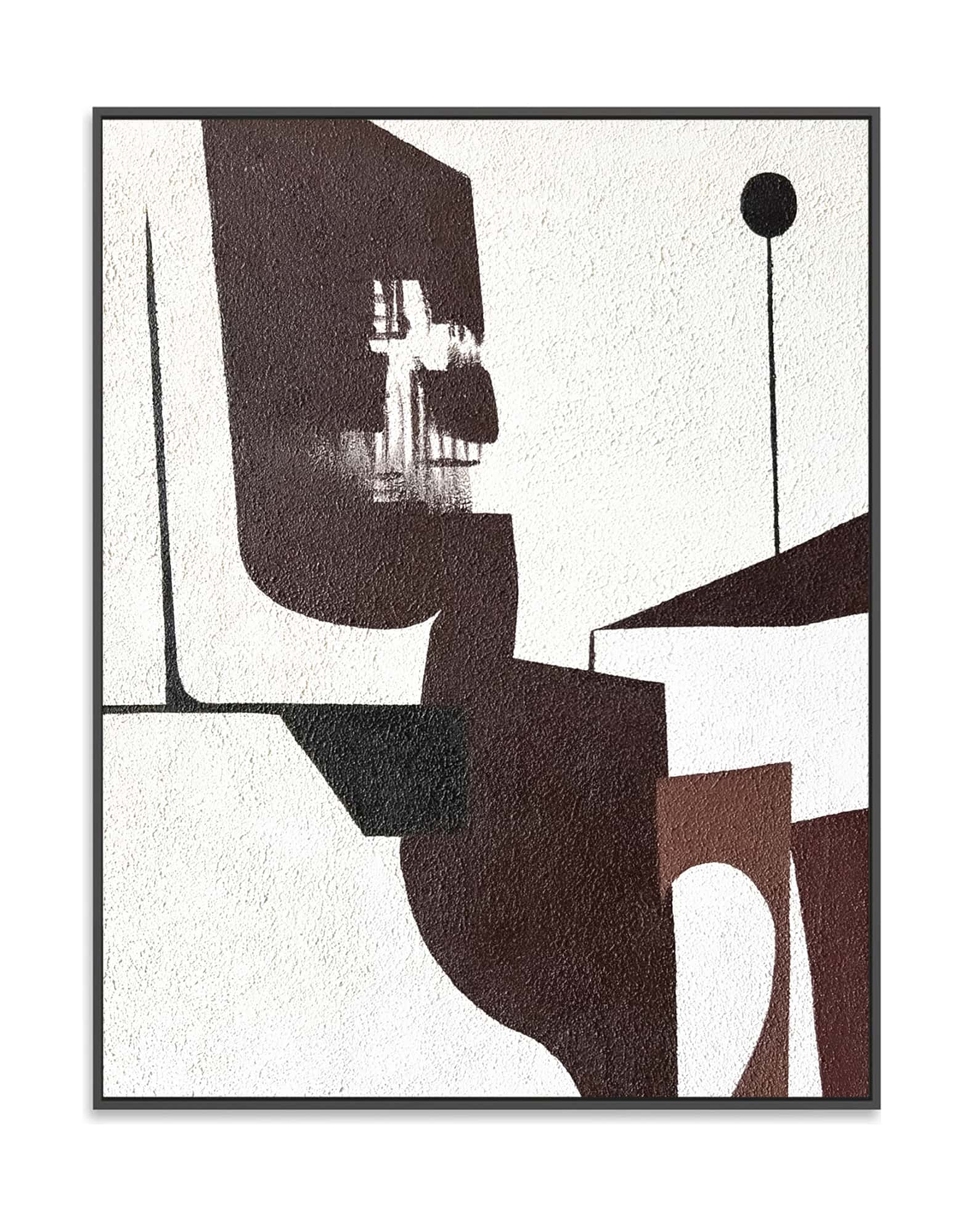 "Hand-painted abstract textured wall art named 'Echoes of Solitude.' The artwork features a white background with abstract brown and black shapes, including an abstract face. The face appears contemplative, as if gazing into the distance. Mounted in a black shadow box frame."