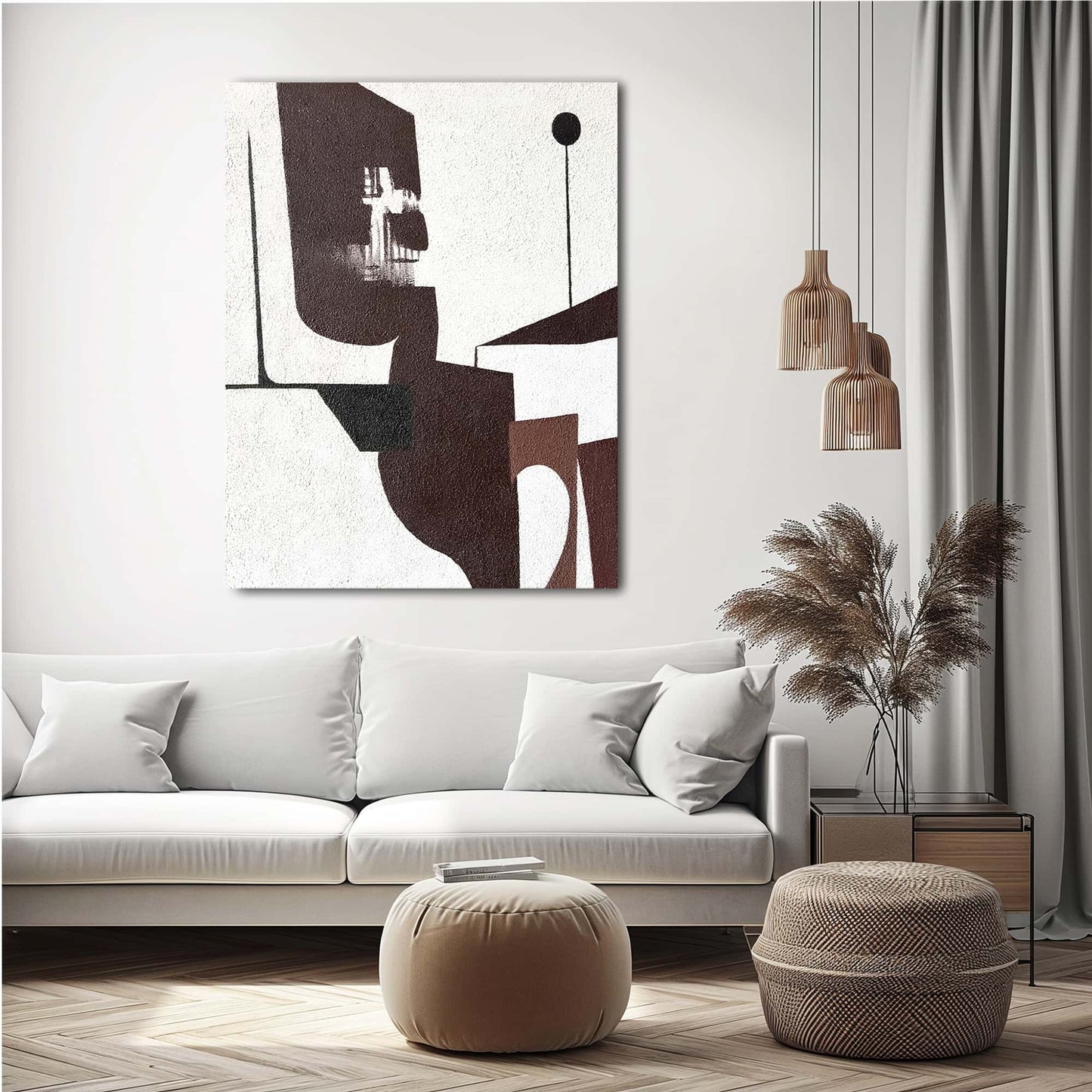 "Hand-painted abstract textured wall art named 'Echoes of Solitude.' The artwork features a white background with abstract brown and black shapes, including an abstract face. The face appears contemplative, as if gazing into the distance. Hanging in the living room."