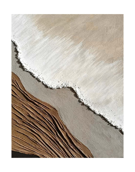 "Frameless hand-painted abstract textured wall art named 'Dusk Mirage' featuring a blend of brown, gray, black, sand, and white colors. Evoking a coastal and desert edge with the sensation of sea washing onto the beach."
