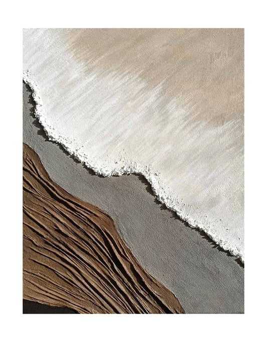 "Frameless hand-painted abstract textured wall art named 'Dusk Mirage' featuring a blend of brown, gray, black, sand, and white colors. Evoking a coastal and desert edge with the sensation of sea washing onto the beach."