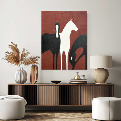 "Hand-painted Portrait shaped abstract texture wall art titled 'FENCED FREEDOM,' depicting three abstract horses in black, red, and white. Conveys the paradox of apparent freedom within confinement. Ideal for hallway decor."