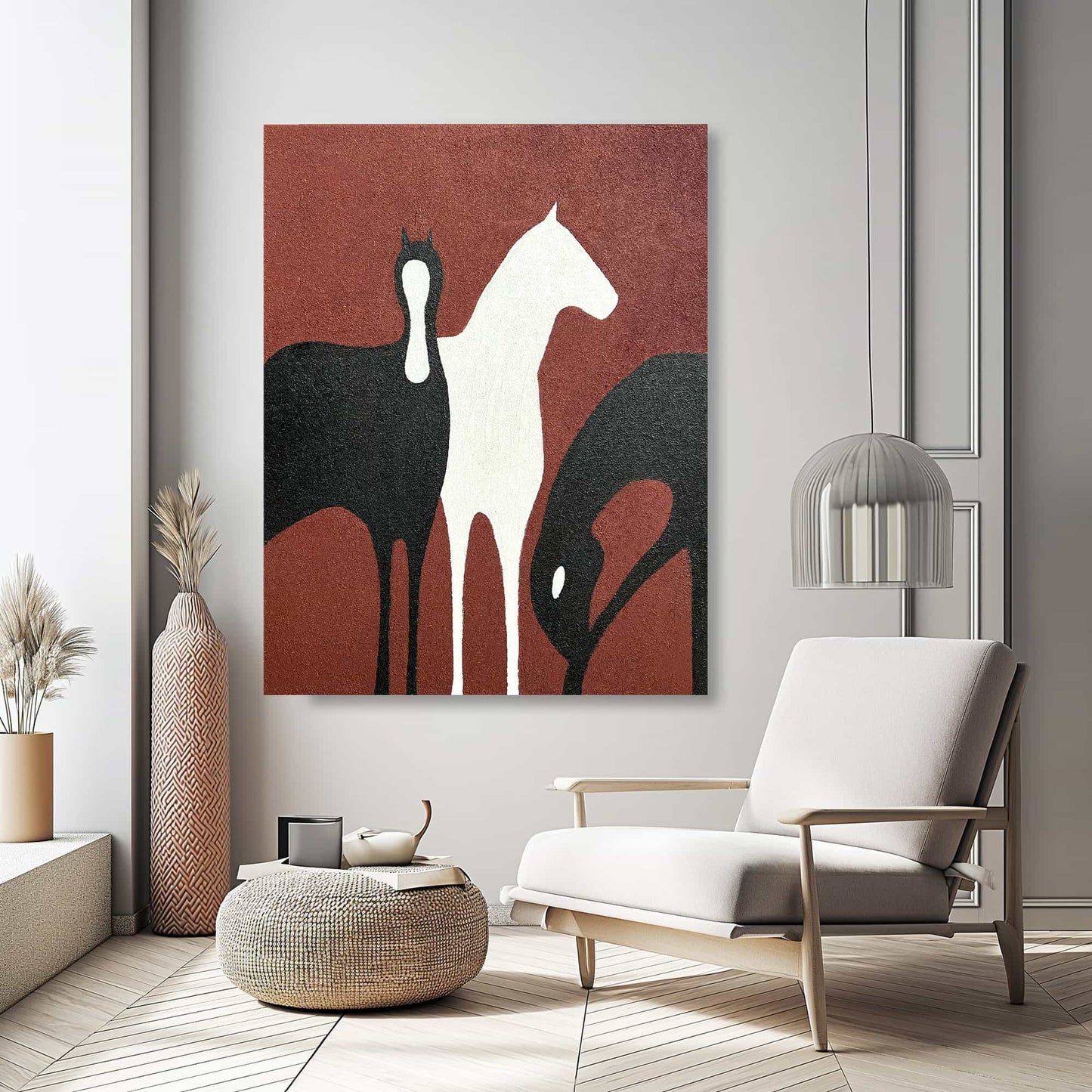 "Hand-painted Portrait shaped abstract texture wall art titled 'FENCED FREEDOM,' featuring three abstract horses in black, red, and white. Depicts the paradox of apparent freedom within confinement. Perfect for lounge decor."