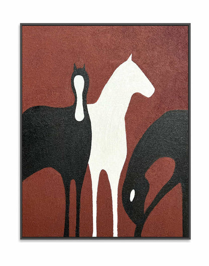 "Hand-painted Portrait shaped abstract texture wall art, titled 'FENCED FREEDOM,' featuring three abstract horses in black, red, and white, symbolizing apparent freedom within confinement. Framed in a black shadow box frame."