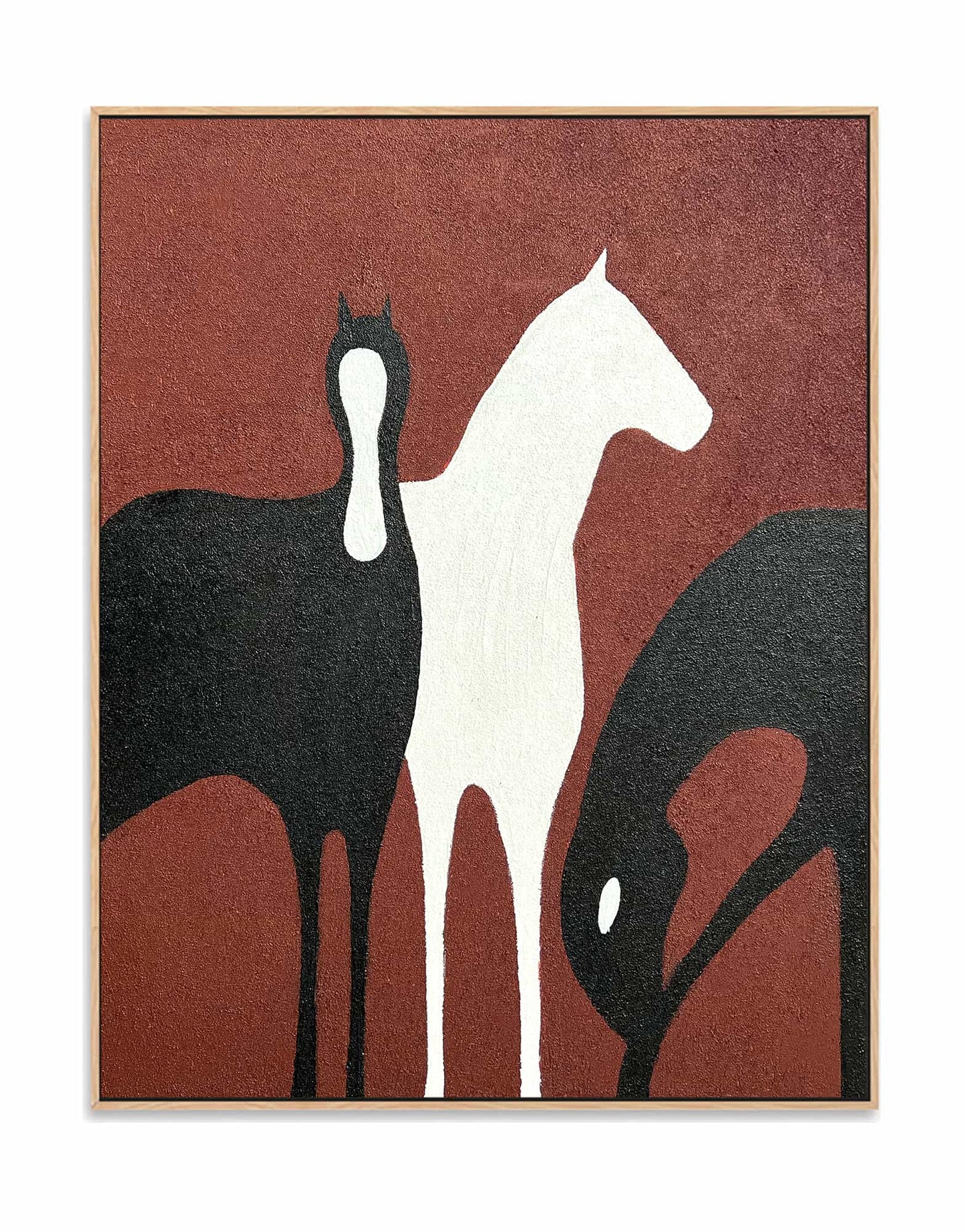 "Hand-painted Portrait shaped abstract texture wall art, titled 'FENCED FREEDOM,' featuring three abstract horses in black, red, and white, symbolizing apparent freedom within confinement. Framed in a oak shadow box frame."