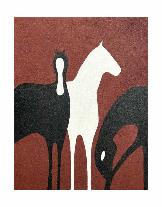 "Hand-painted Portrait shaped abstract texture wall art on stretched canvas gallery wrap, titled 'FENCED FREEDOM.' Depicts three abstract horses in black, red, and white, symbolizing the paradox of apparent freedom within confinement."