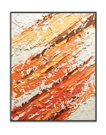 "Hand-painted abstract textured wall art named 'Flames Dance.' The artwork features a white background with vibrant and dynamic colors, including yellow, orange, and red. The lively colors evoke a warm and energetic feeling. Displayed in a black shadow box frame."