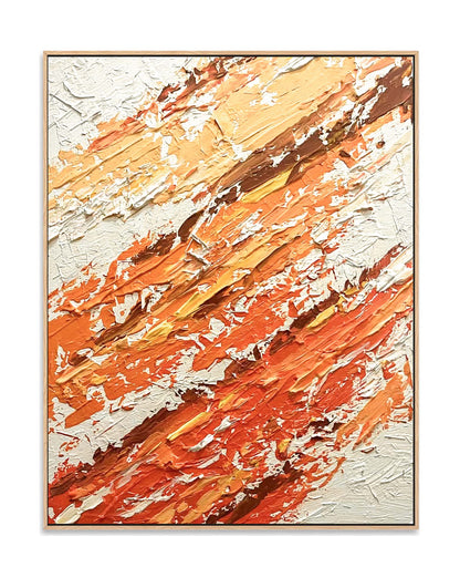 "Hand-painted abstract textured wall art named 'Flames Dance.' The artwork features a white background with vibrant and dynamic colors, including yellow, orange, and red. The lively colors evoke a warm and energetic feeling. Displayed in a oak shadow box frame."