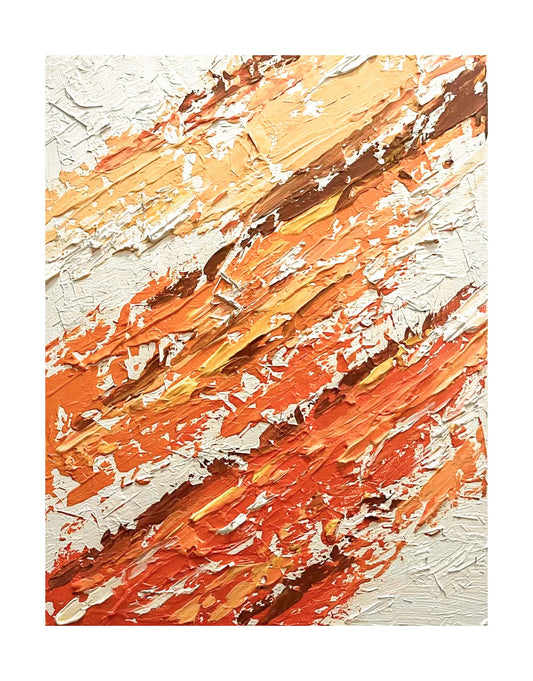 "Frameless hand-painted abstract textured wall art named 'Flames Dance.' The artwork features a white background with vibrant and dynamic colors, including yellow, orange, and red. The lively colors evoke a warm and energetic feeling."