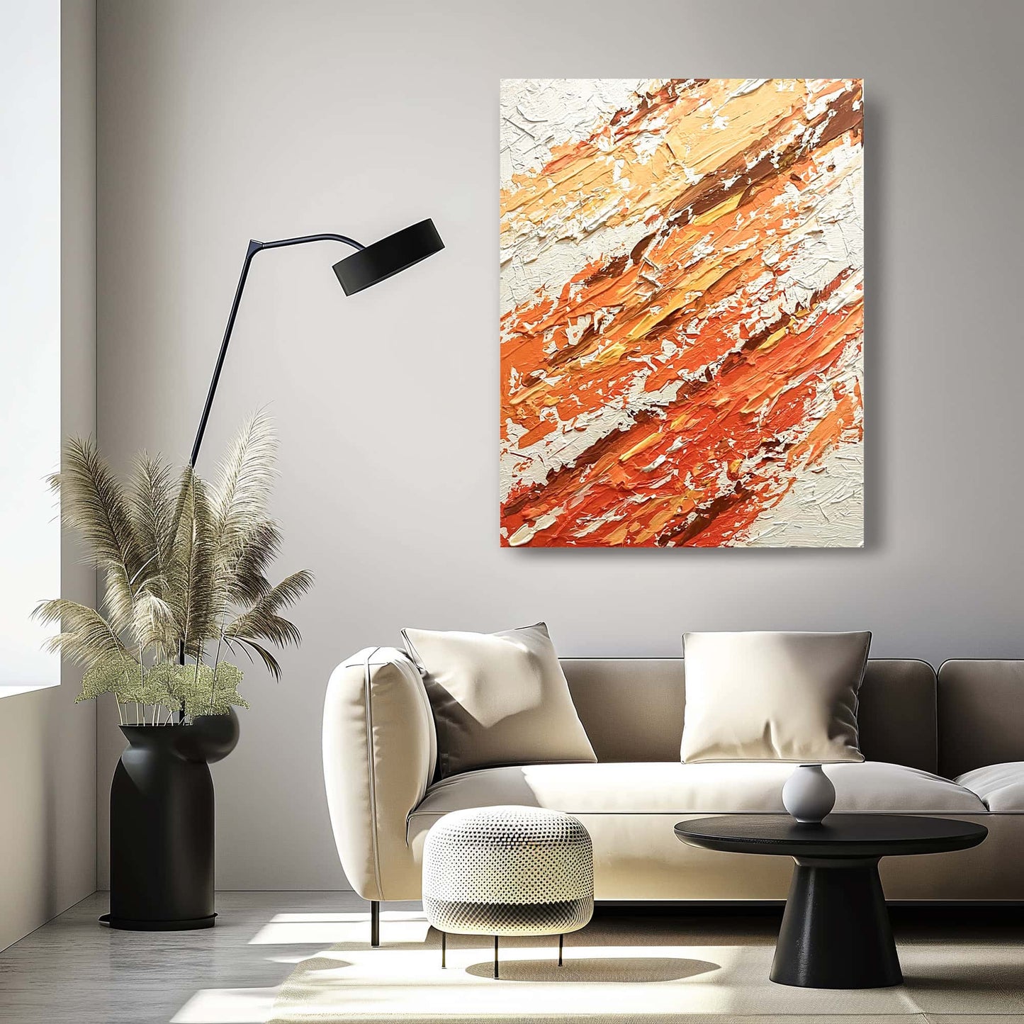 "Hand-painted Portrait shaped abstract textured wall art named 'Flames Dance.' The artwork features a white background with vibrant and dynamic colors, including yellow, orange, and red. The lively colors evoke a warm and energetic feeling. Hanging in the living room."