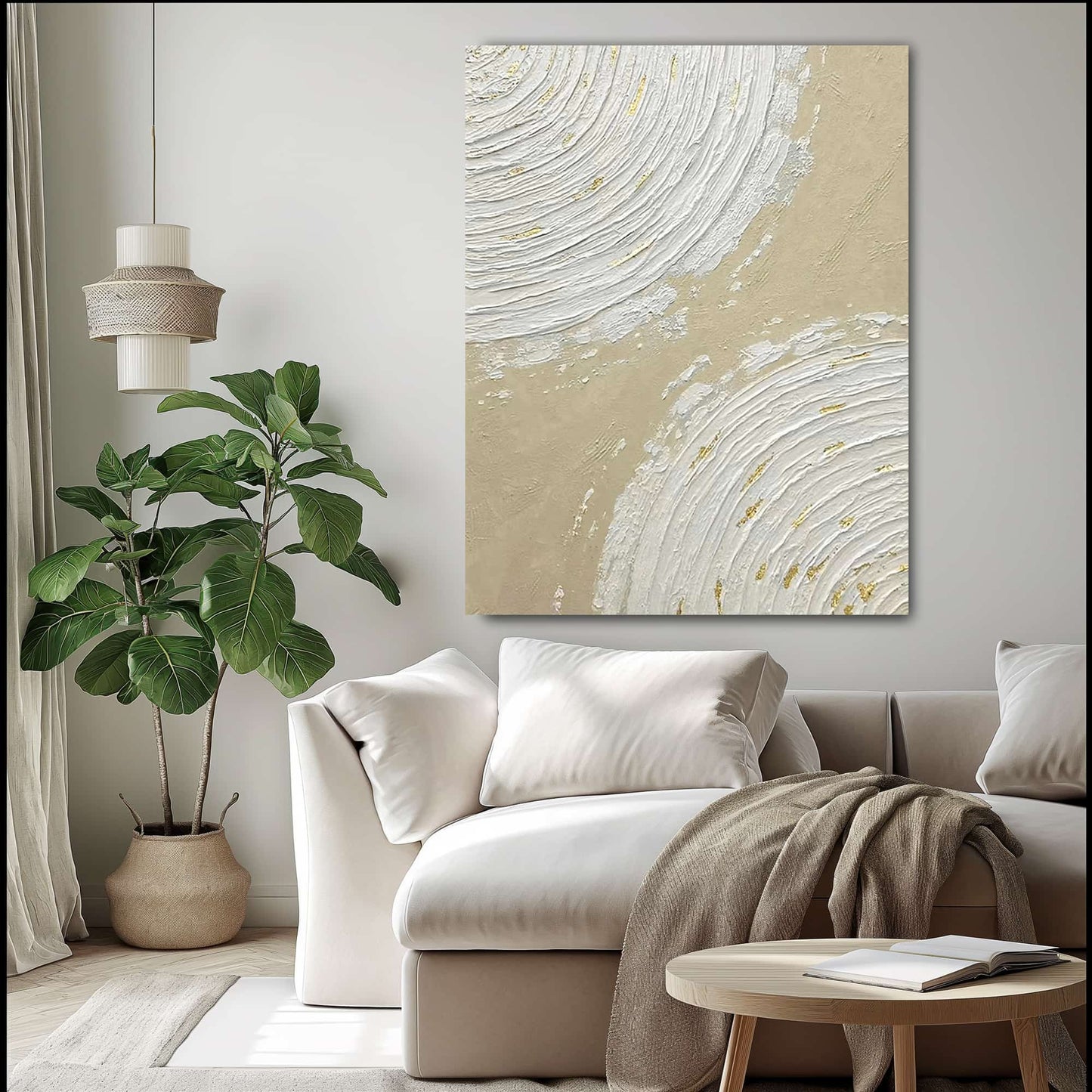 "Hand-painted abstract textured wall art titled 'GALACTIC FUSION.' This captivating artwork, suitable for both portrait and landscape orientations, portrays the abstraction of two galaxies merging. The composition is rich in three-dimensional and linear elements, featuring a color palette dominated by cream, white, and gold, hanging in the living room."