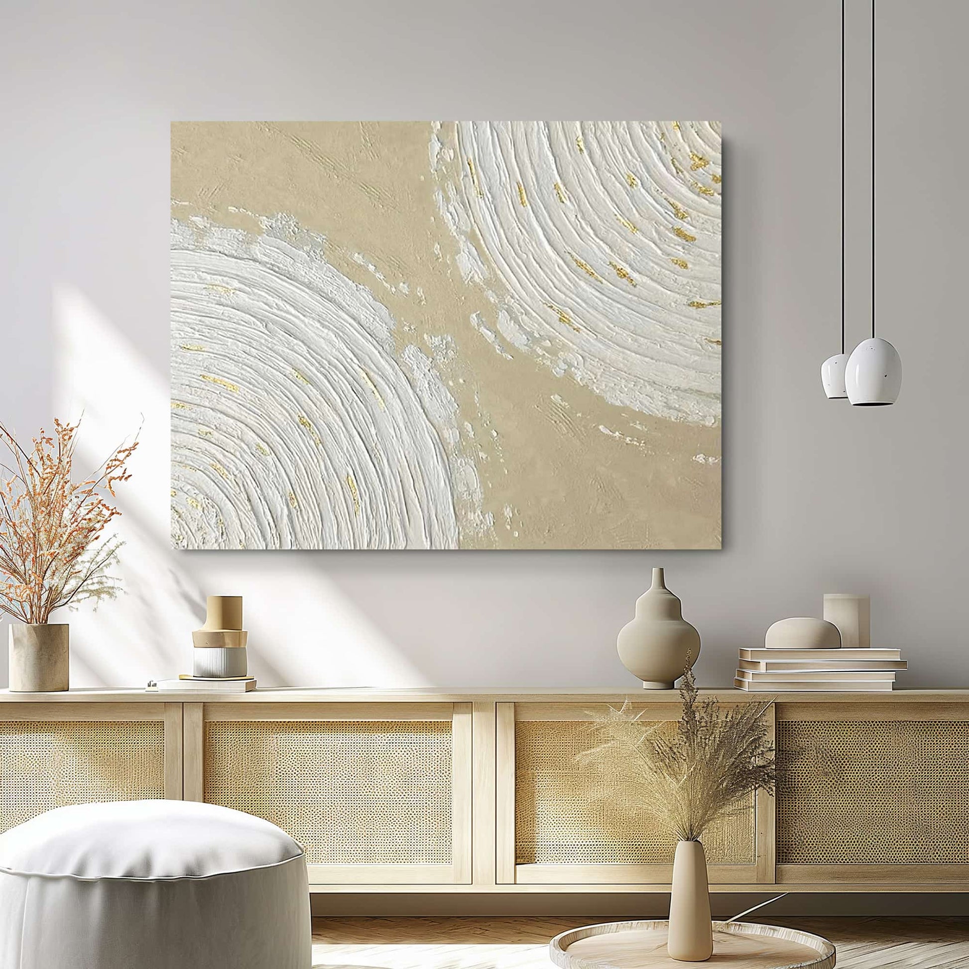 "Hand-painted abstract textured wall art titled 'GALACTIC FUSION.' This captivating artwork, suitable for both portrait and landscape orientations, portrays the abstraction of two galaxies merging. The composition is rich in three-dimensional and linear elements, featuring a color palette dominated by cream, white, and gold, hanging in the lounge."